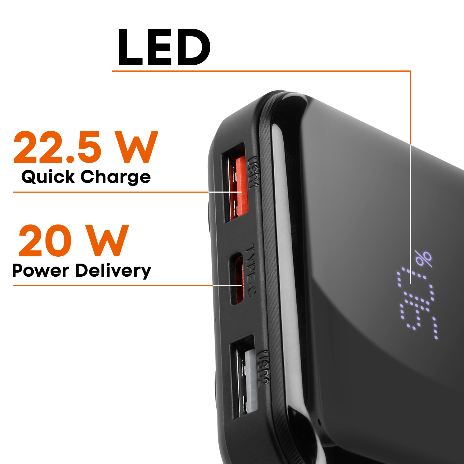 Batterie externe noire avec étiquettes Charge rapide 22,5W et Power Delivery 20W.
