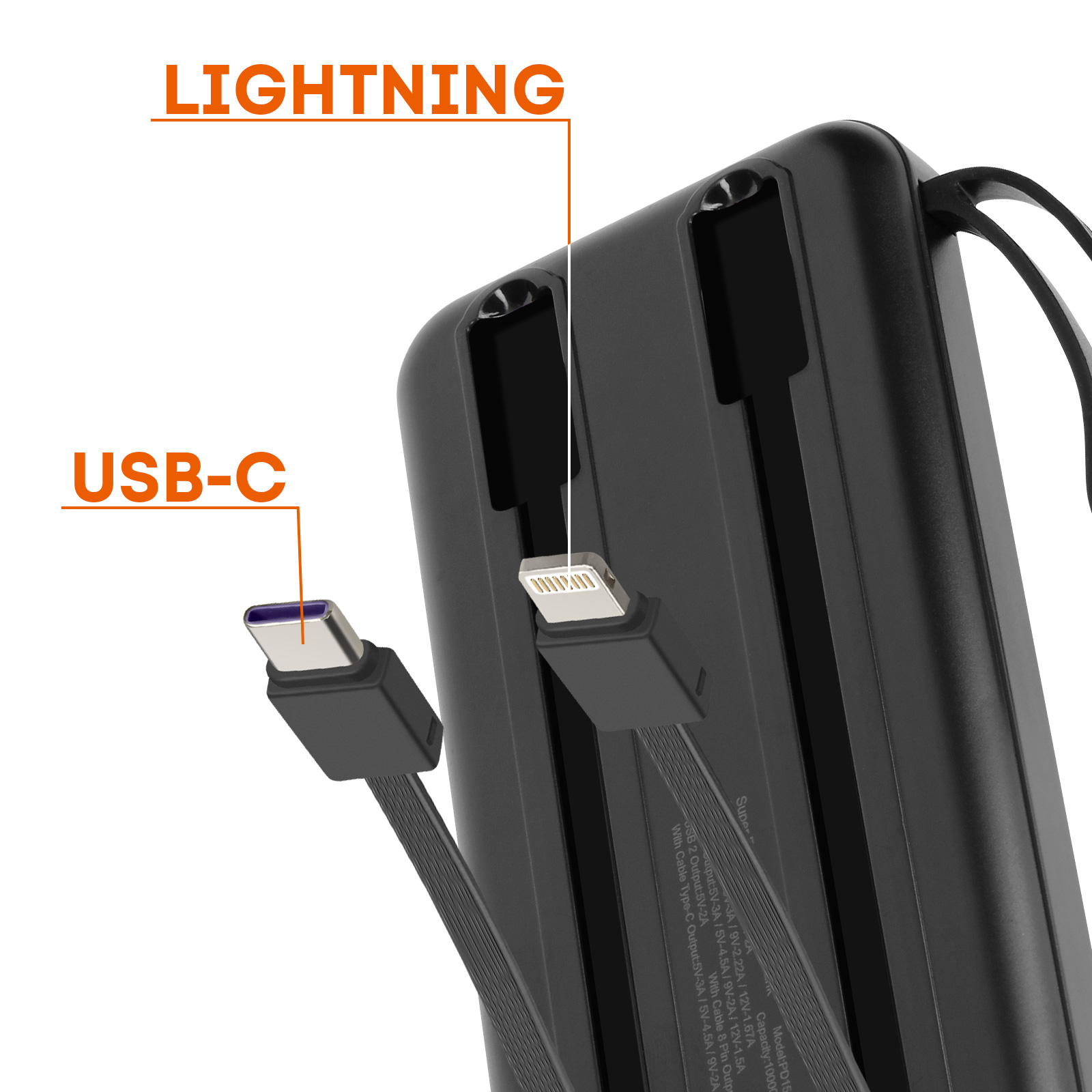 Batterie externe noire avec connecteurs USB-C et Lightning.