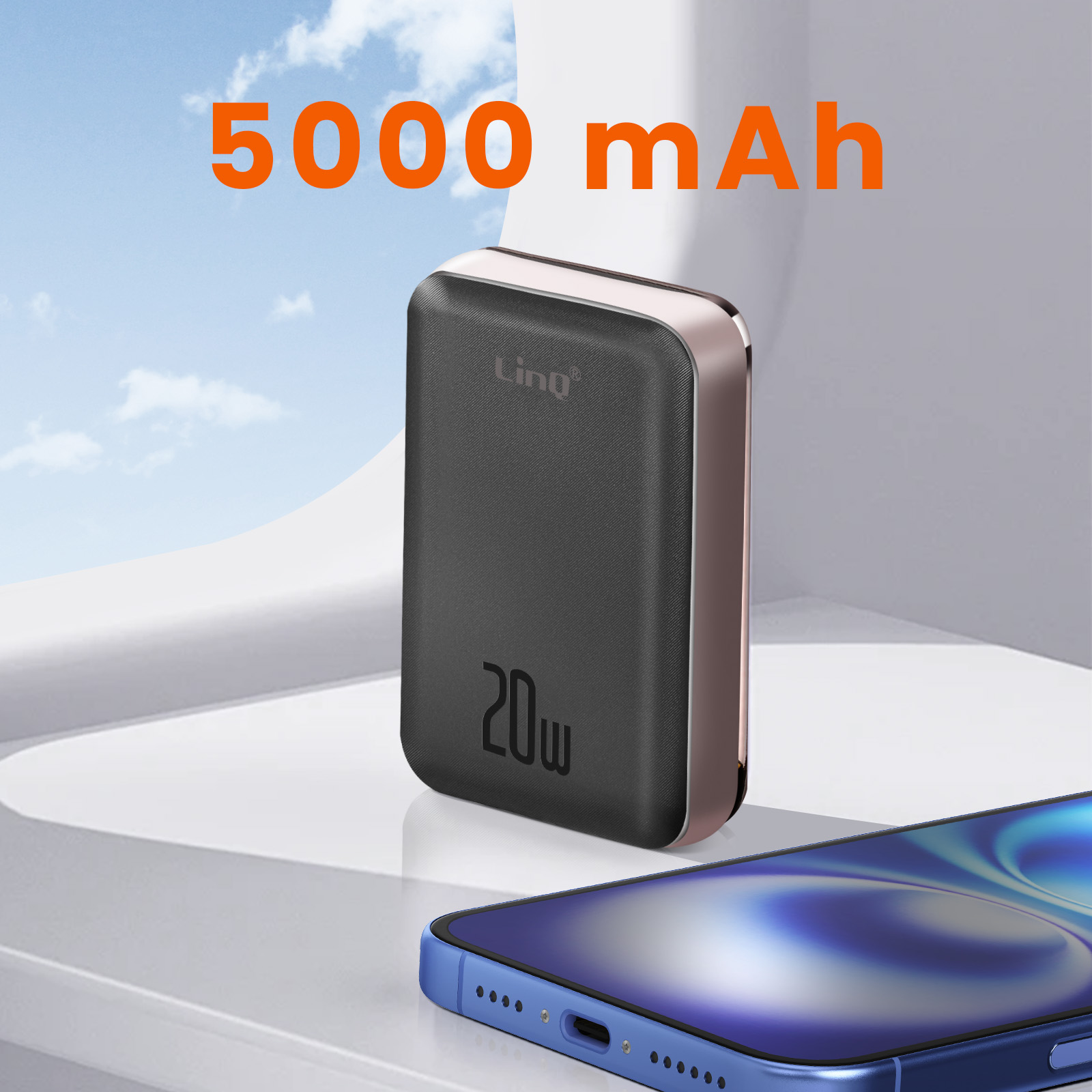 Une banque d'alimentation noire et dorée avec 20W et 5000 mAh marqués.