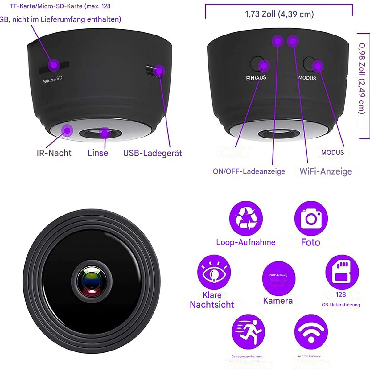 Kleine schwarze Kamera mit Funktionen: Micro-SD, IR-Nacht, USB-Laden, mit Symbolen.