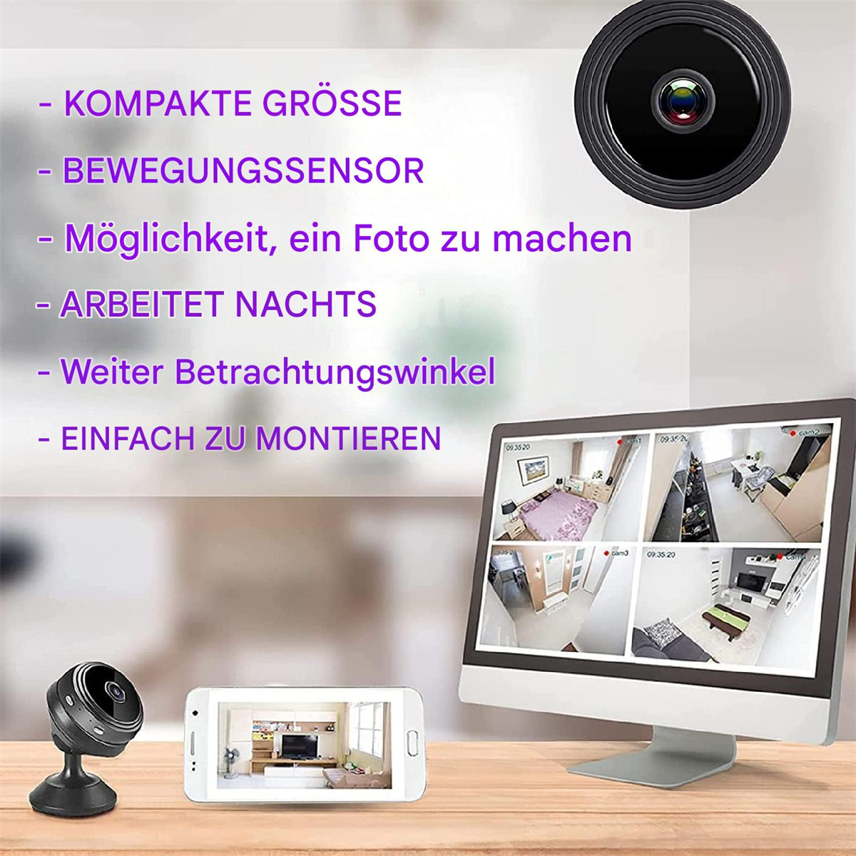 Eine Überwachungskamera, ein Telefon und ein Monitor, der Überwachungsmaterial zeigt.