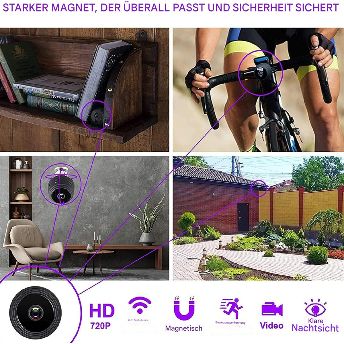 Mehrere Bilder zeigen Mini-Kameras, Fahrräder und Heimszenen mit Textüberlagerungen. Violette Linien heben Details hervor.