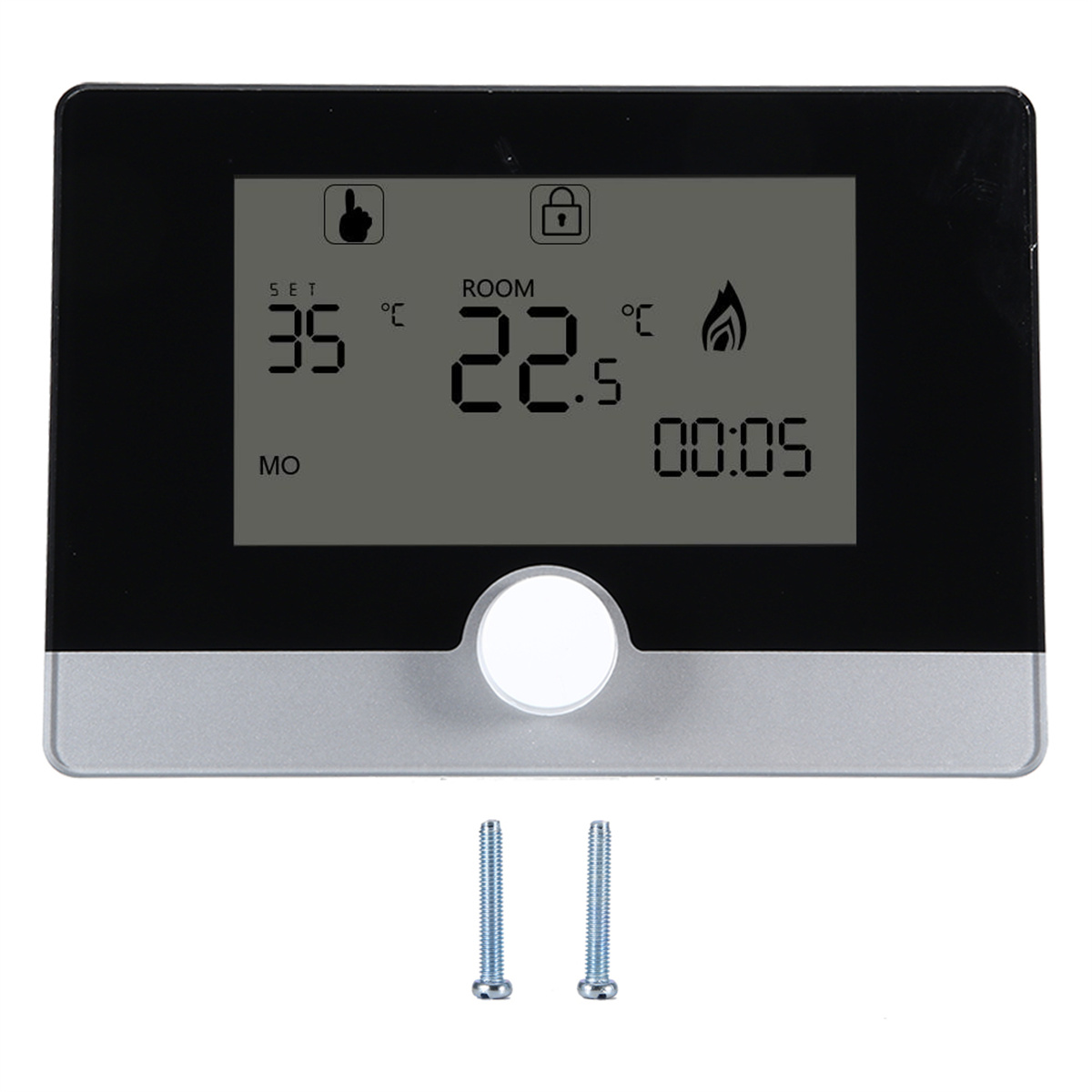 Ein schwarzer und silberner Thermostat mit digitaler Anzeige und zwei Schrauben.