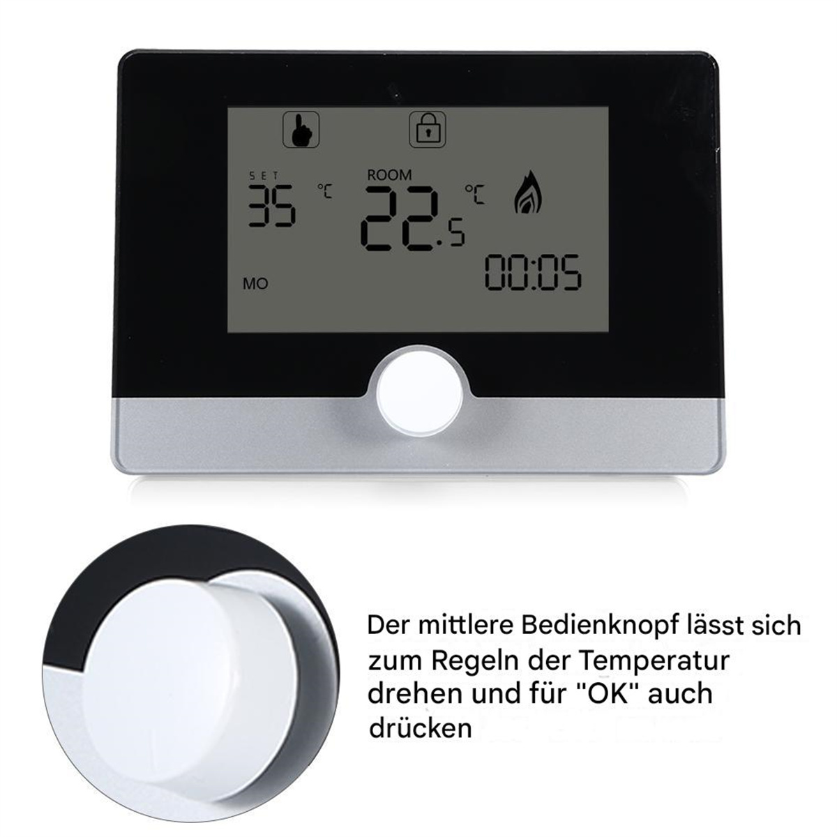 Ein intelligenter Thermostat mit weißem Knopf und kleinem Bildschirm.