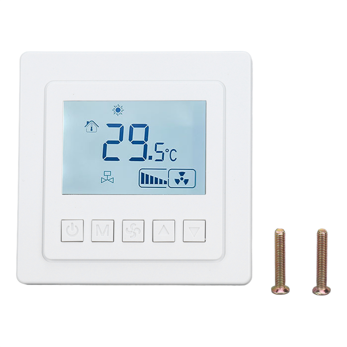 Ein weißes Thermostat mit digitaler Anzeige, die Temperatur anzeigt, Knöpfen und Schraubenlöchern mit zwei Schrauben.