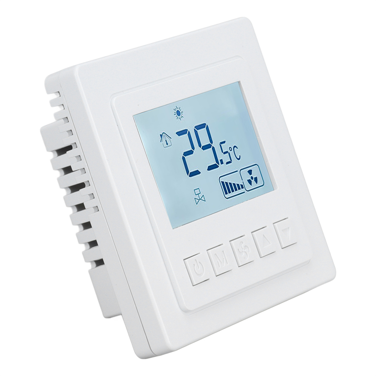 Weißer Thermostat mit Digitalanzeige, die Temperatur anzeigt, Knöpfe, auf weißem Hintergrund.