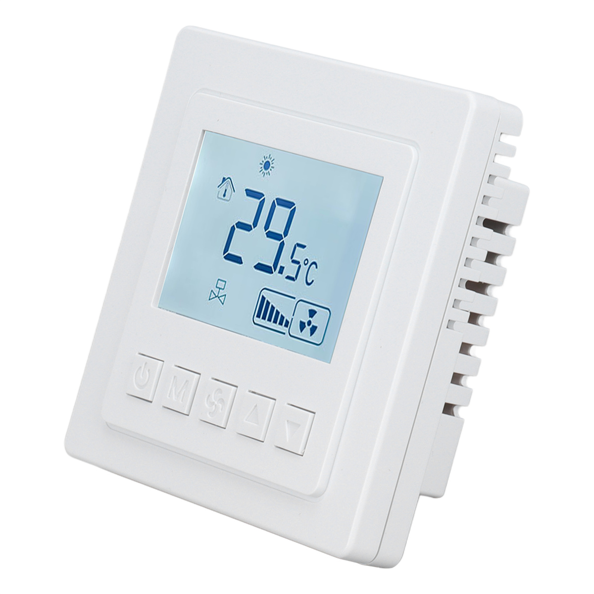 Weißes Thermostat mit Bildschirm, der Temperatur, Knöpfe und ein Strahlungssymbol anzeigt.