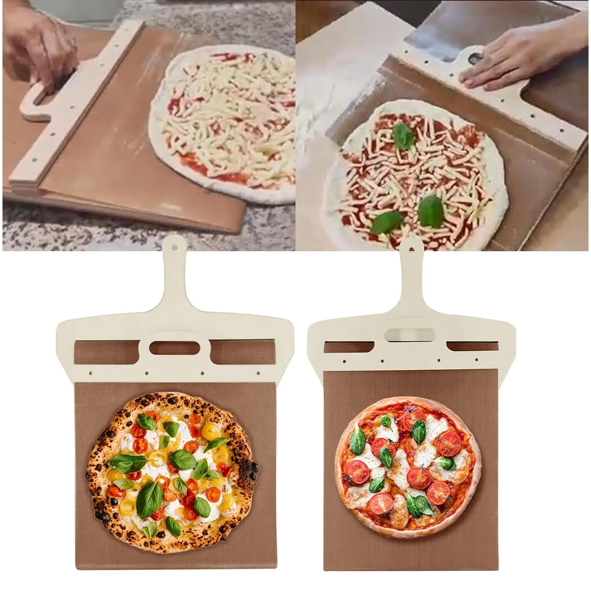 Vier Pizzabilder. Rohe Pizza mit Käse, gekochte Pizza mit Belag und ein Pizzaschieber.