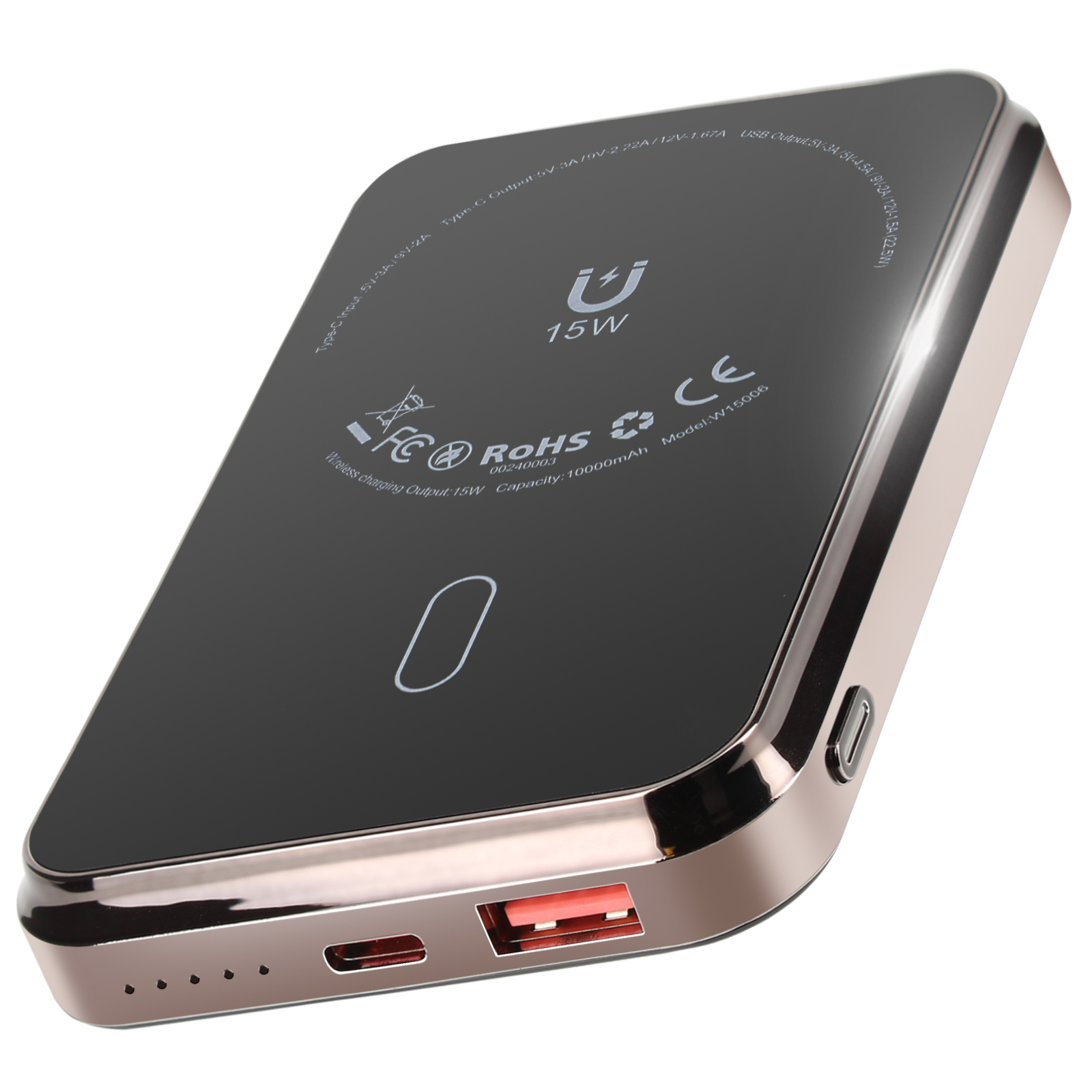 Batterie externe noire et dorée. Ports USB et de charge, et du texte.