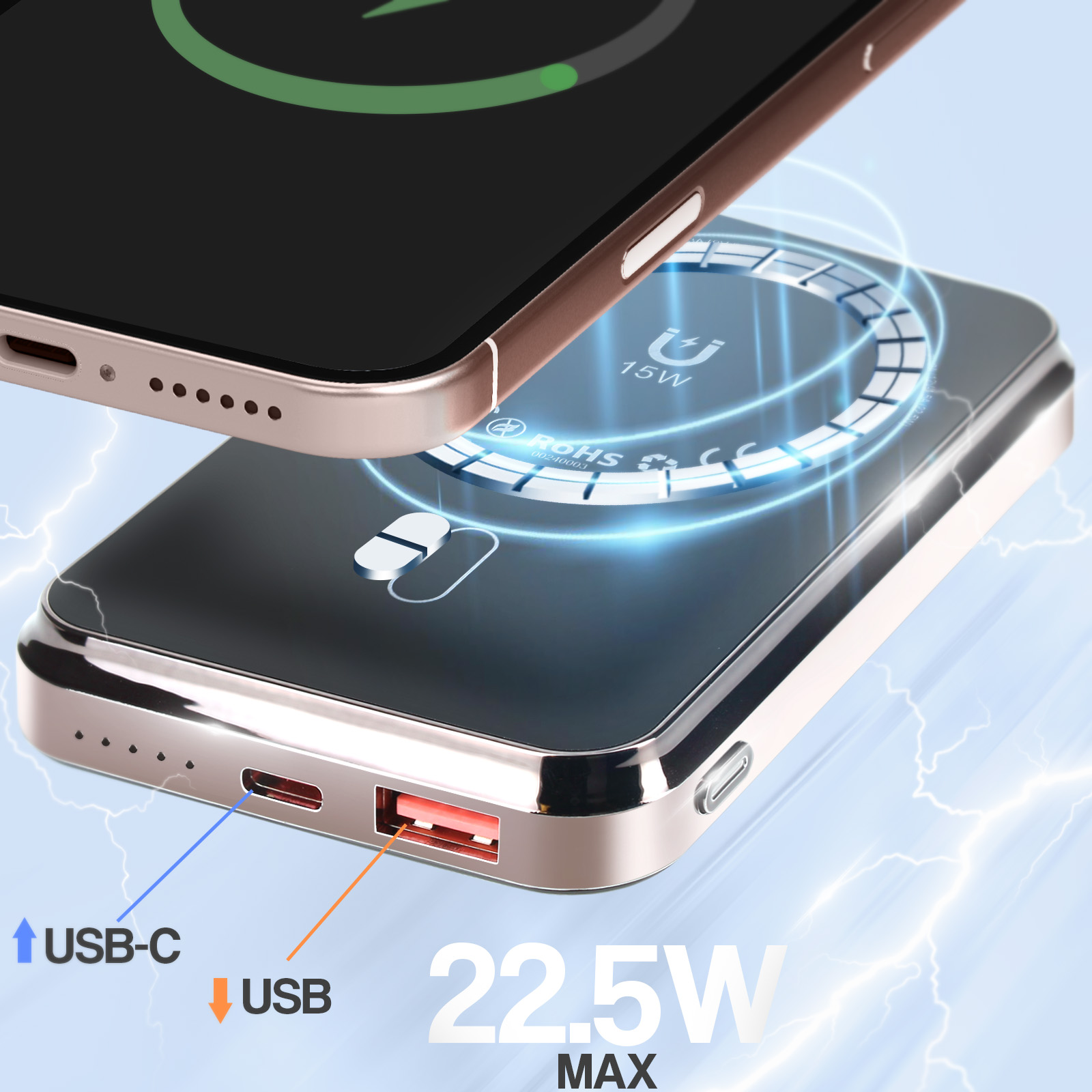 Un téléphone se charge sur un chargeur sans fil. Ports USB-C et USB visibles. Texte : 22,5 W MAX.