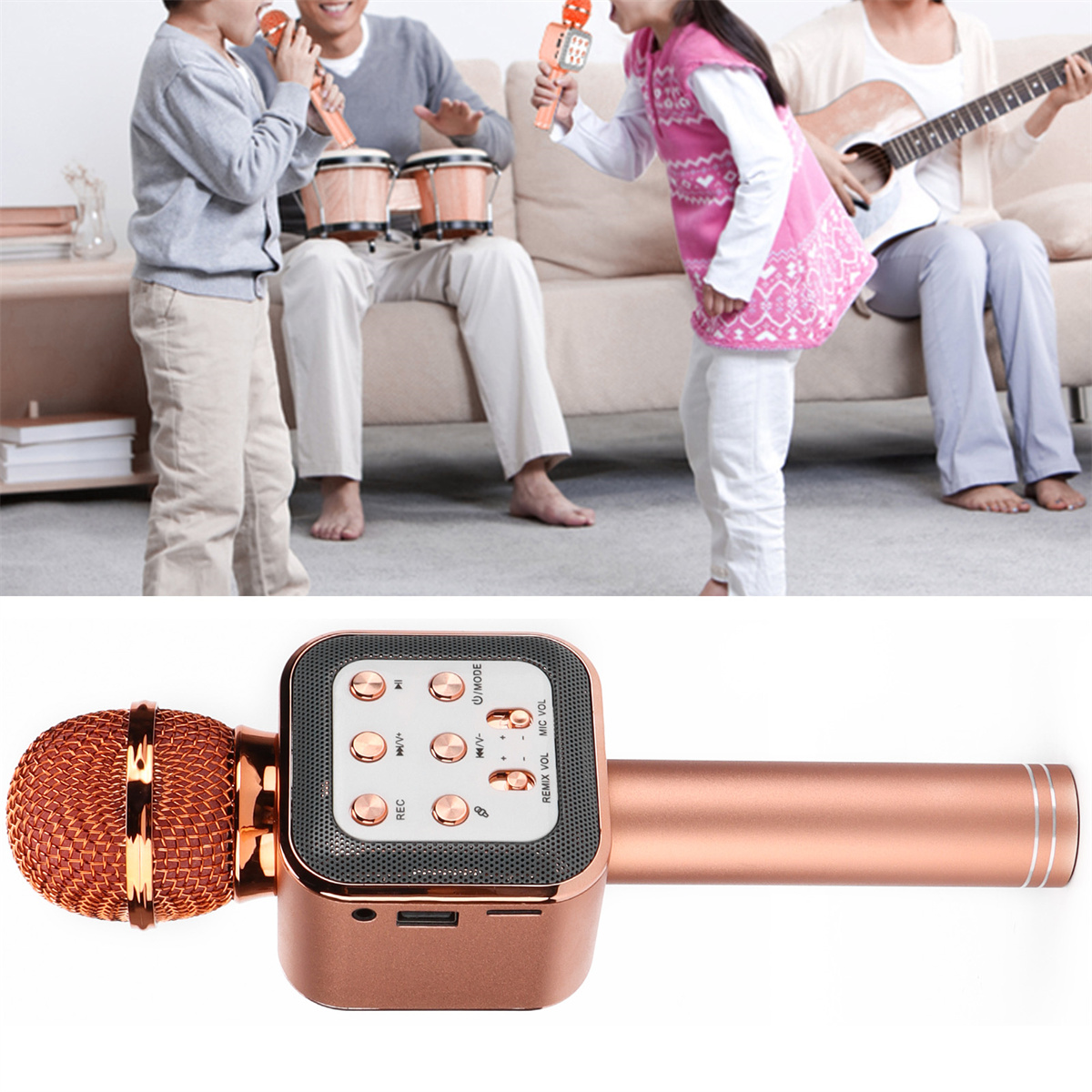 Leute singen mit Mikrofonen und ein roségoldenes Karaoke-Mikrofon.