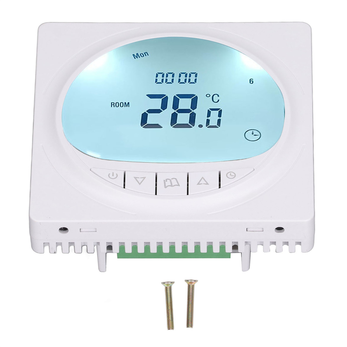Weißes Thermostat mit digitaler Anzeige, die Temperatur und eine Tastatur anzeigt.