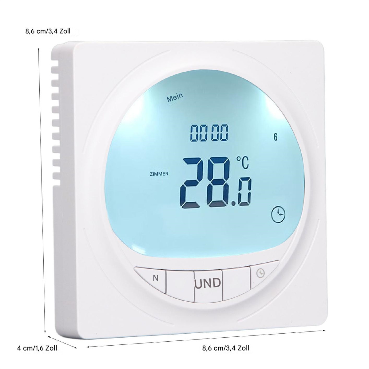 Ein weißes digitales Thermostat, das die Temperatur anzeigt.
