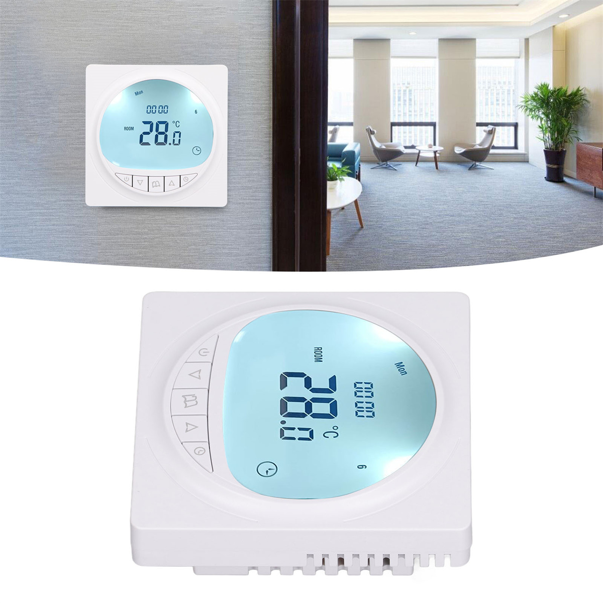 Thermostat an einer Wand mit Temperaturanzeige.
