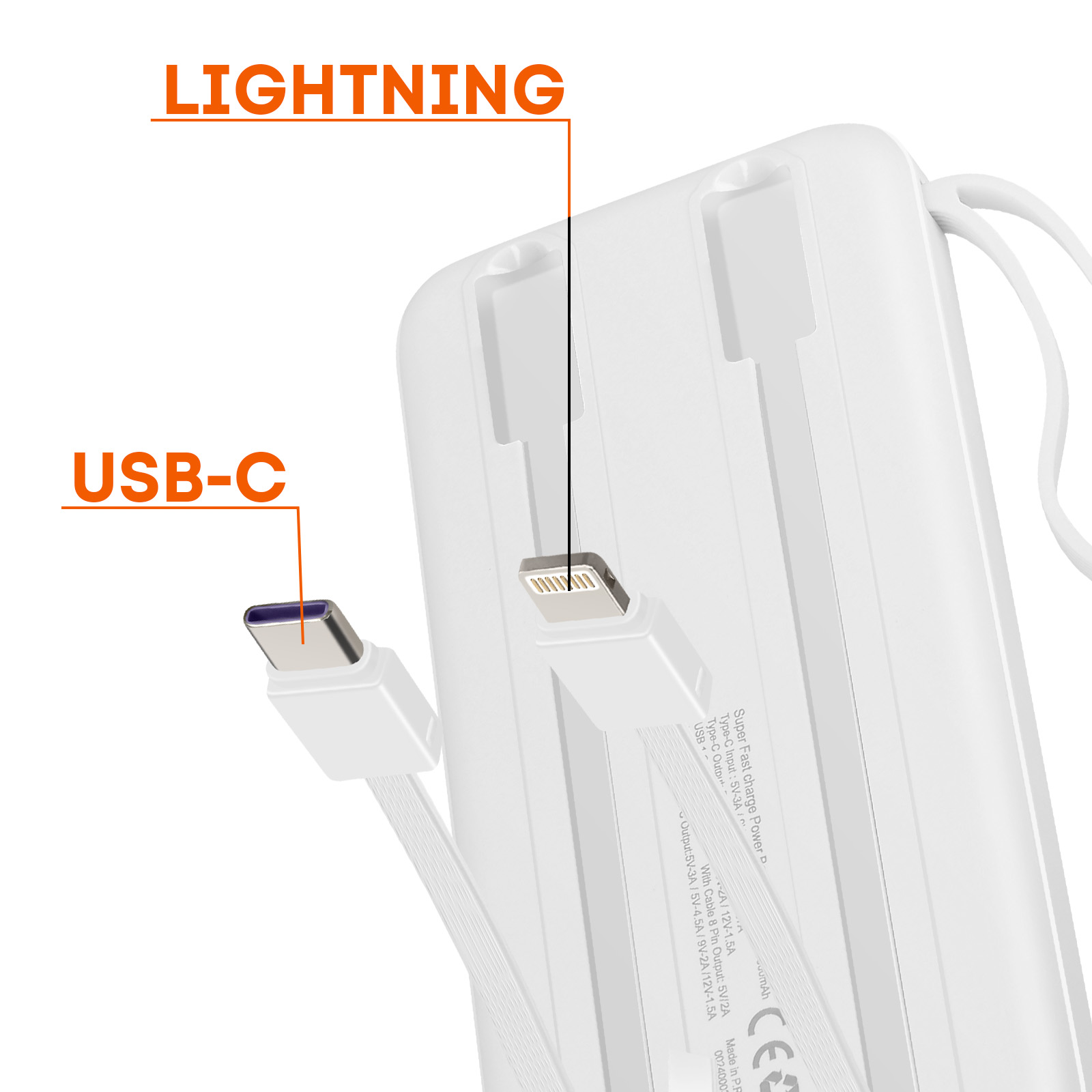 Gros plan d'une banque d'alimentation blanche avec un câble USB-C et Lightning, avec des étiquettes.