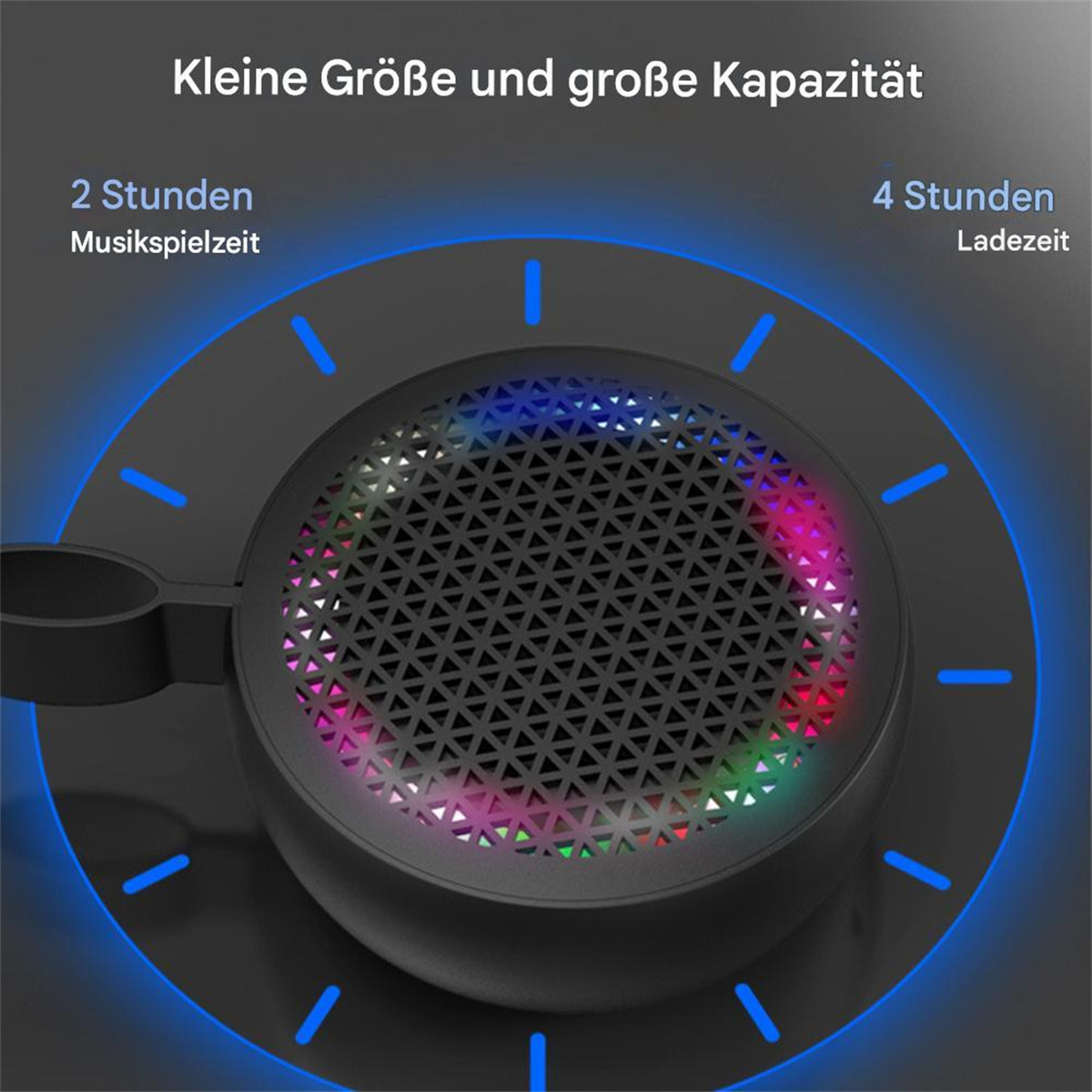 Ein kleiner schwarzer Lautsprecher mit bunten Lichtern und einem Diagramm, das Musik- und Ladezeiten zeigt.