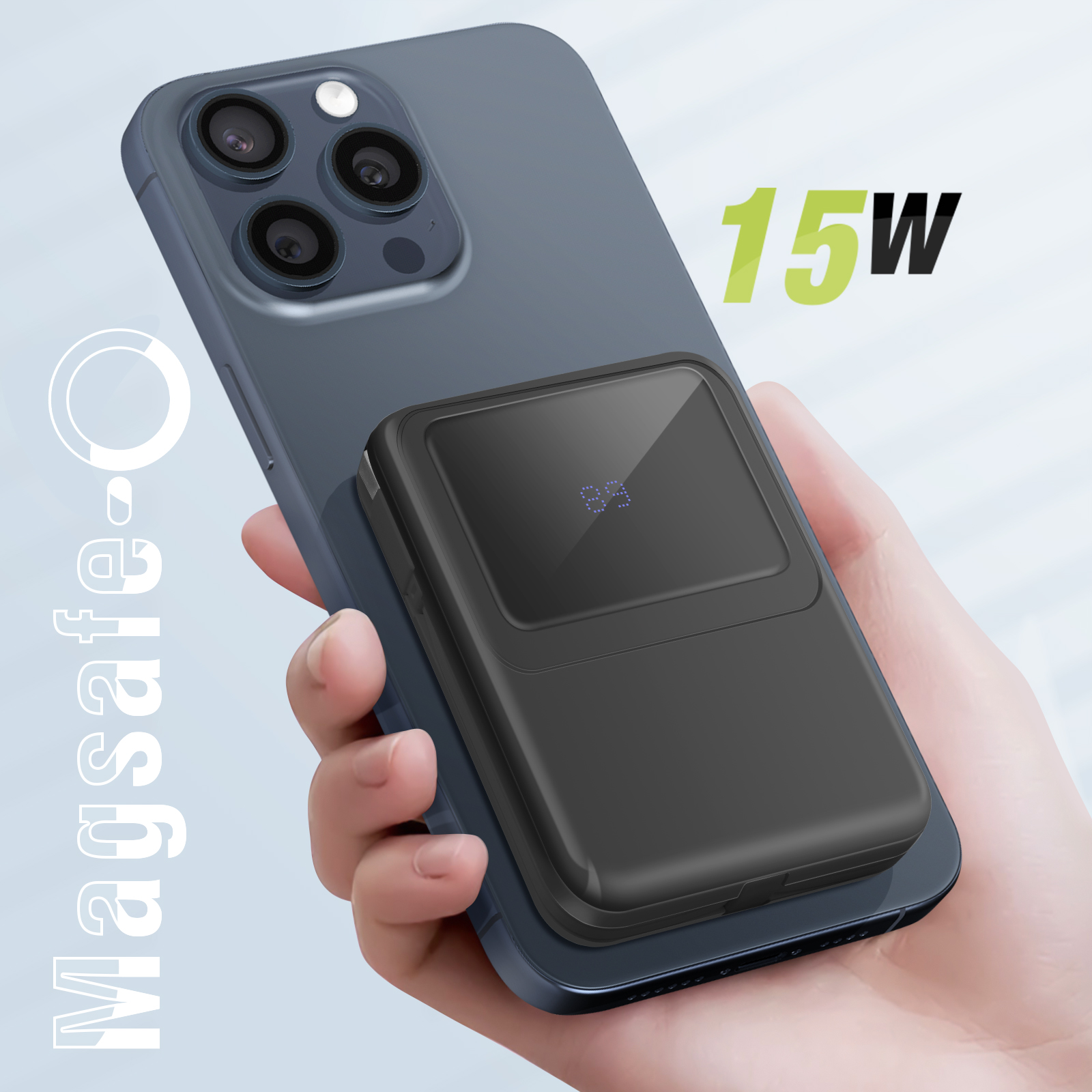 Eine schwarze Powerbank mit digitalem Display an einem Telefon befestigt.