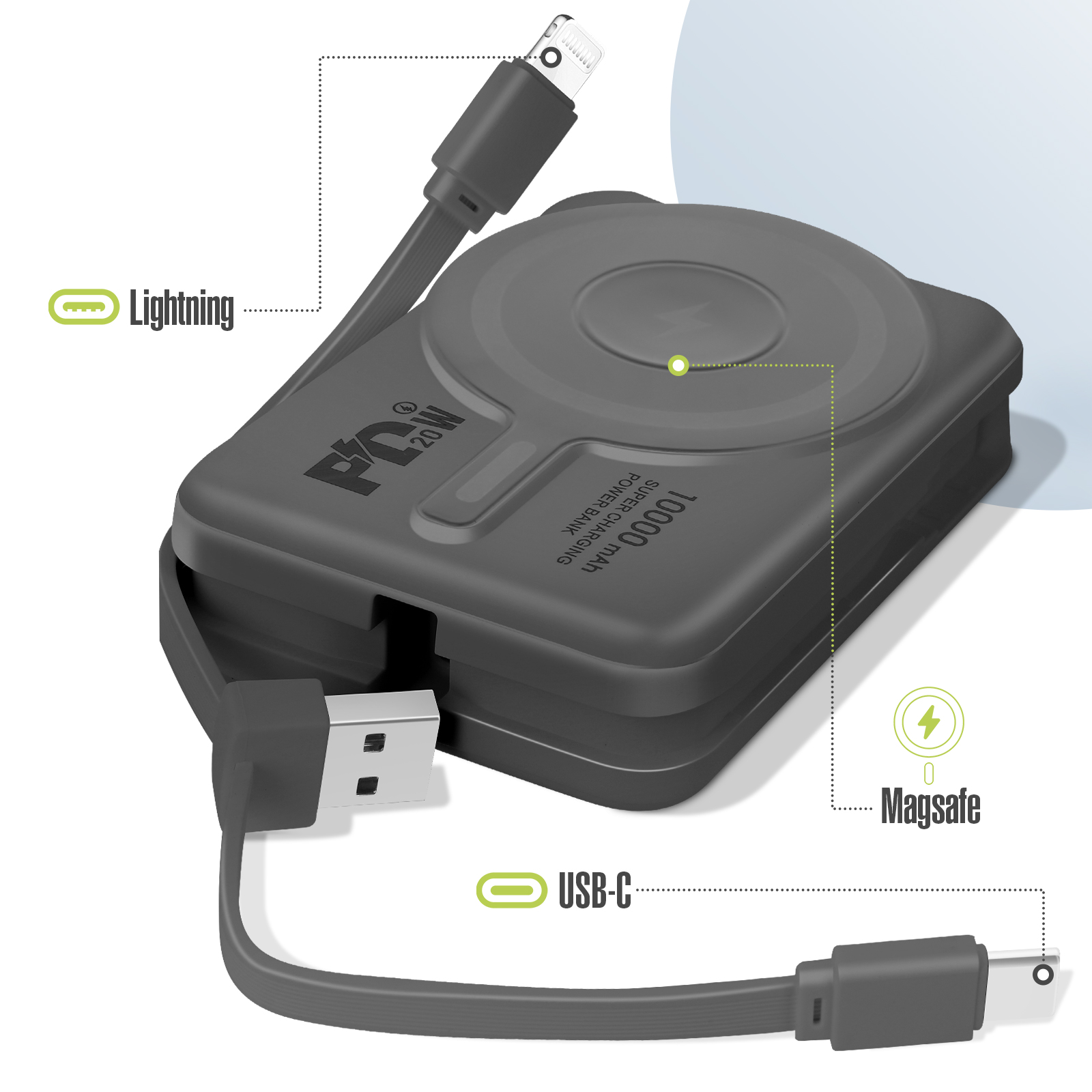 Eine schwarz-graue Powerbank mit angeschlossenen Kabeln und Etiketten für Lightning- und USB-C-Anschlüsse.