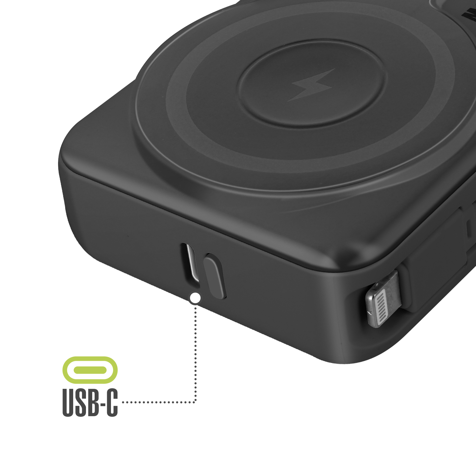 Ein schwarzes, tragbares Ladegerät mit USB-C-Anschluss und einem Lightning-Anschluss.