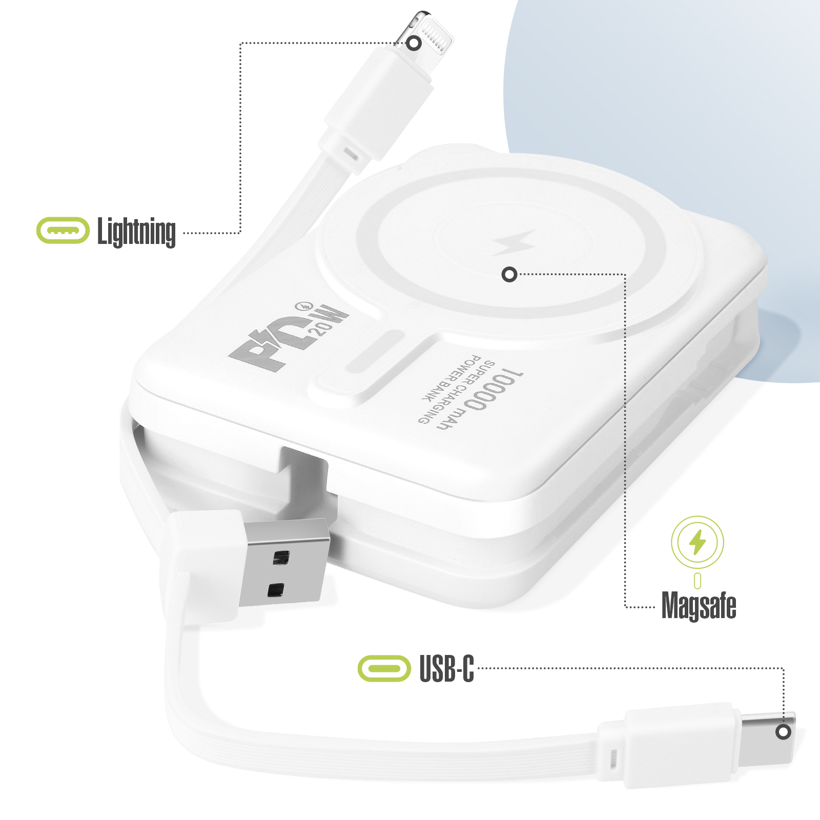 Weiße Powerbank mit Lightning, USB-C und Magsafe.