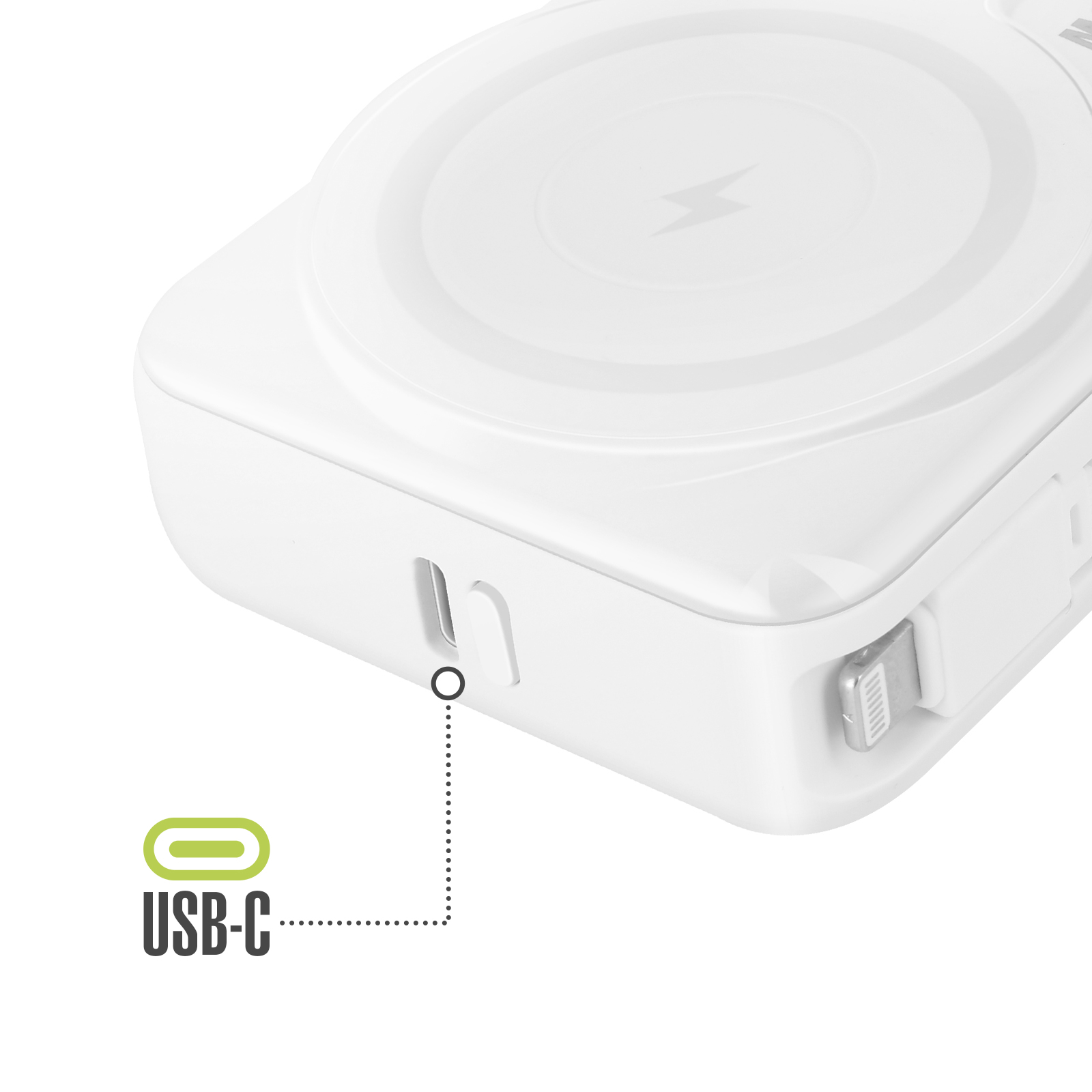 Eine weiße Powerbank mit einem USB-C-Anschluss.