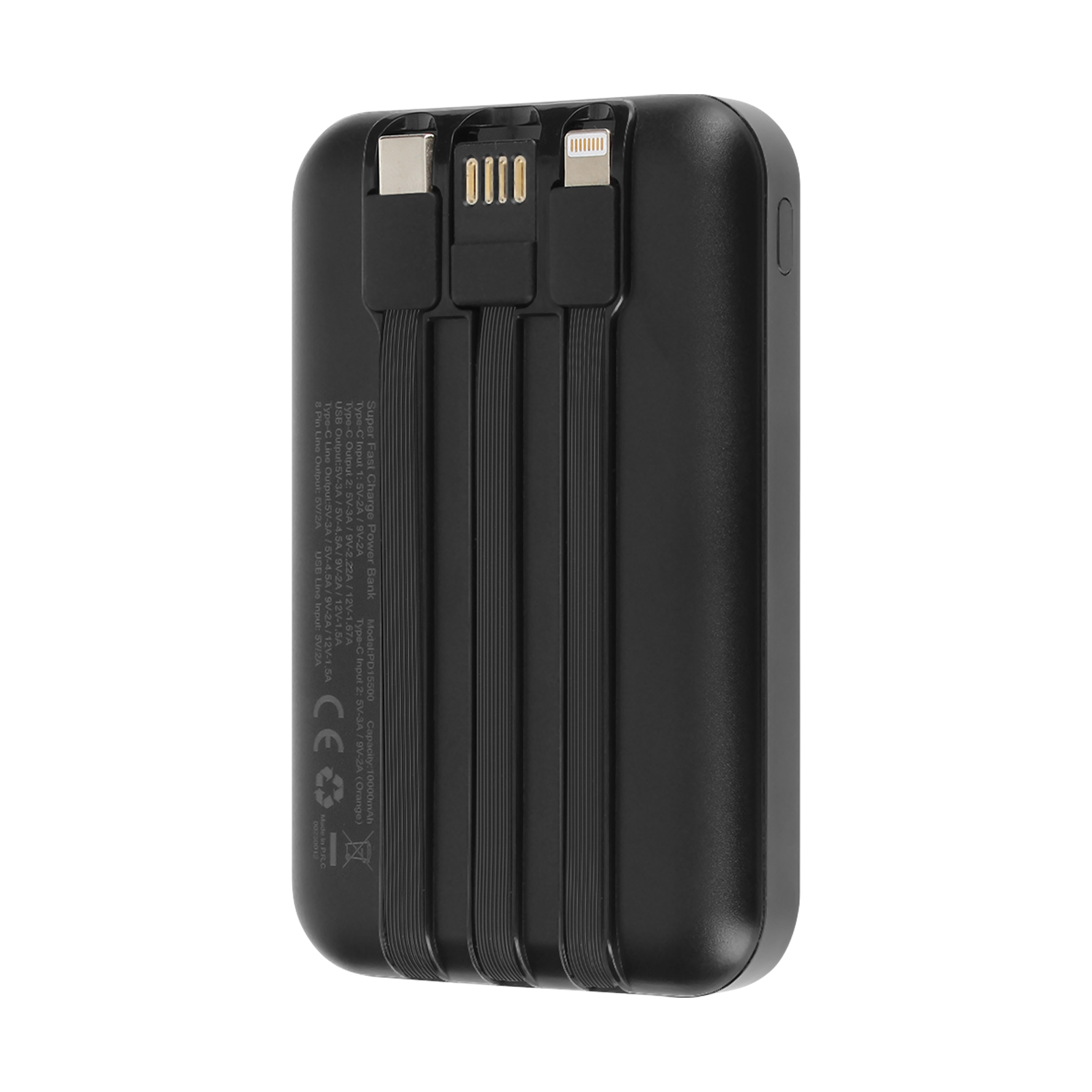 Batterie externe portable noire avec divers câbles de chargement attachés.