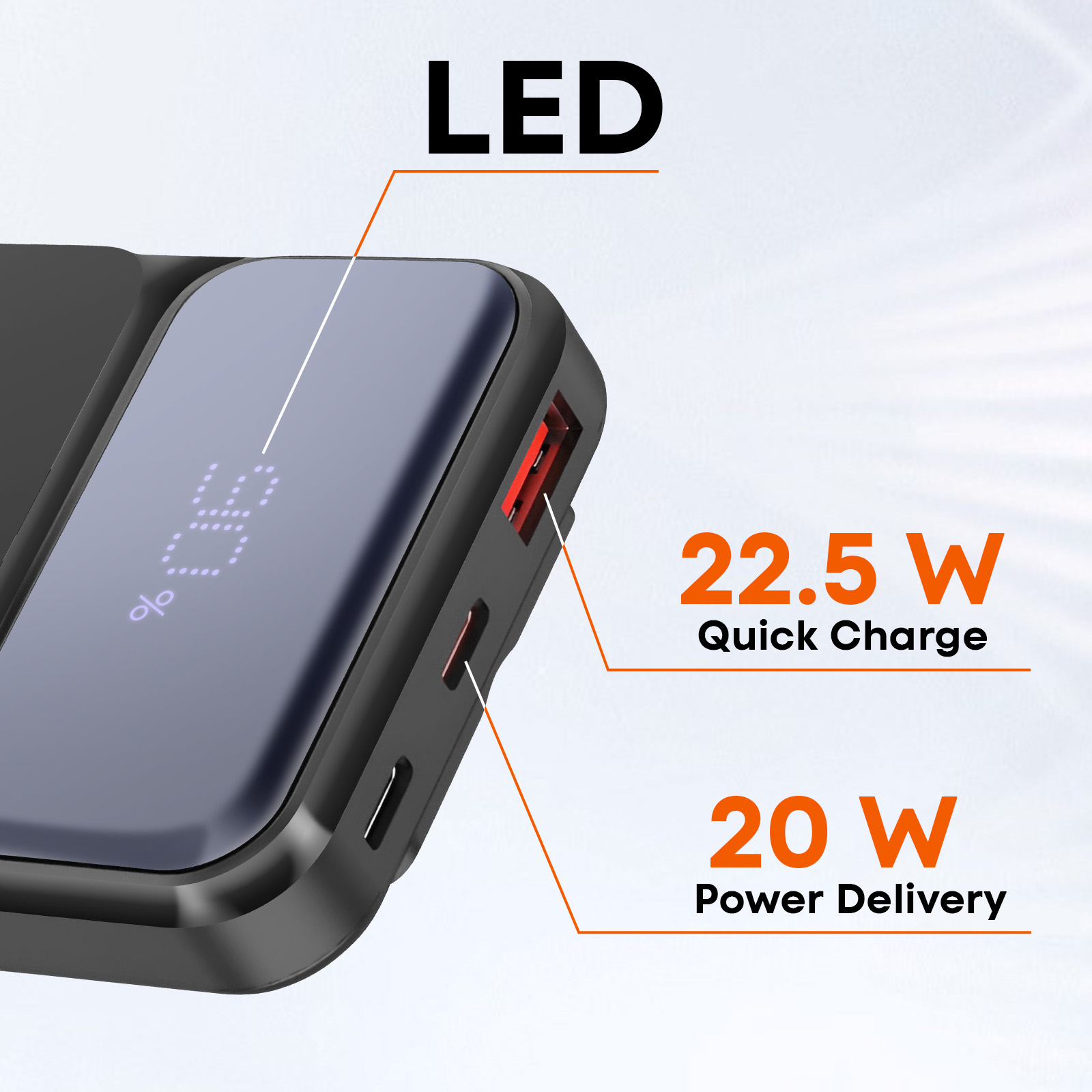 Batterie externe noire avec écran LED, charge rapide 22,5 W et alimentation 20 W.
