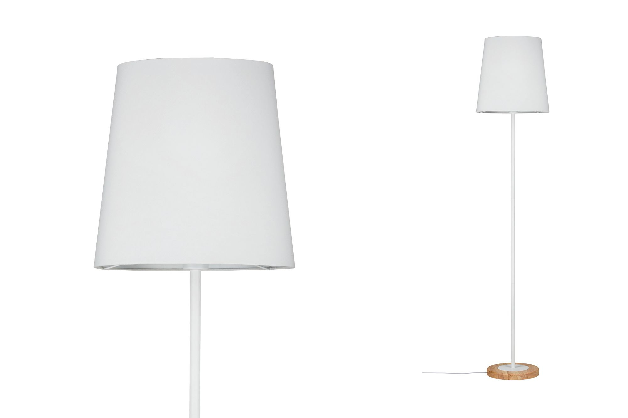 Dwie białe lampy podłogowe z białymi abażurami, jedna z bliska, druga pokazuje całą lampę, białe tło.