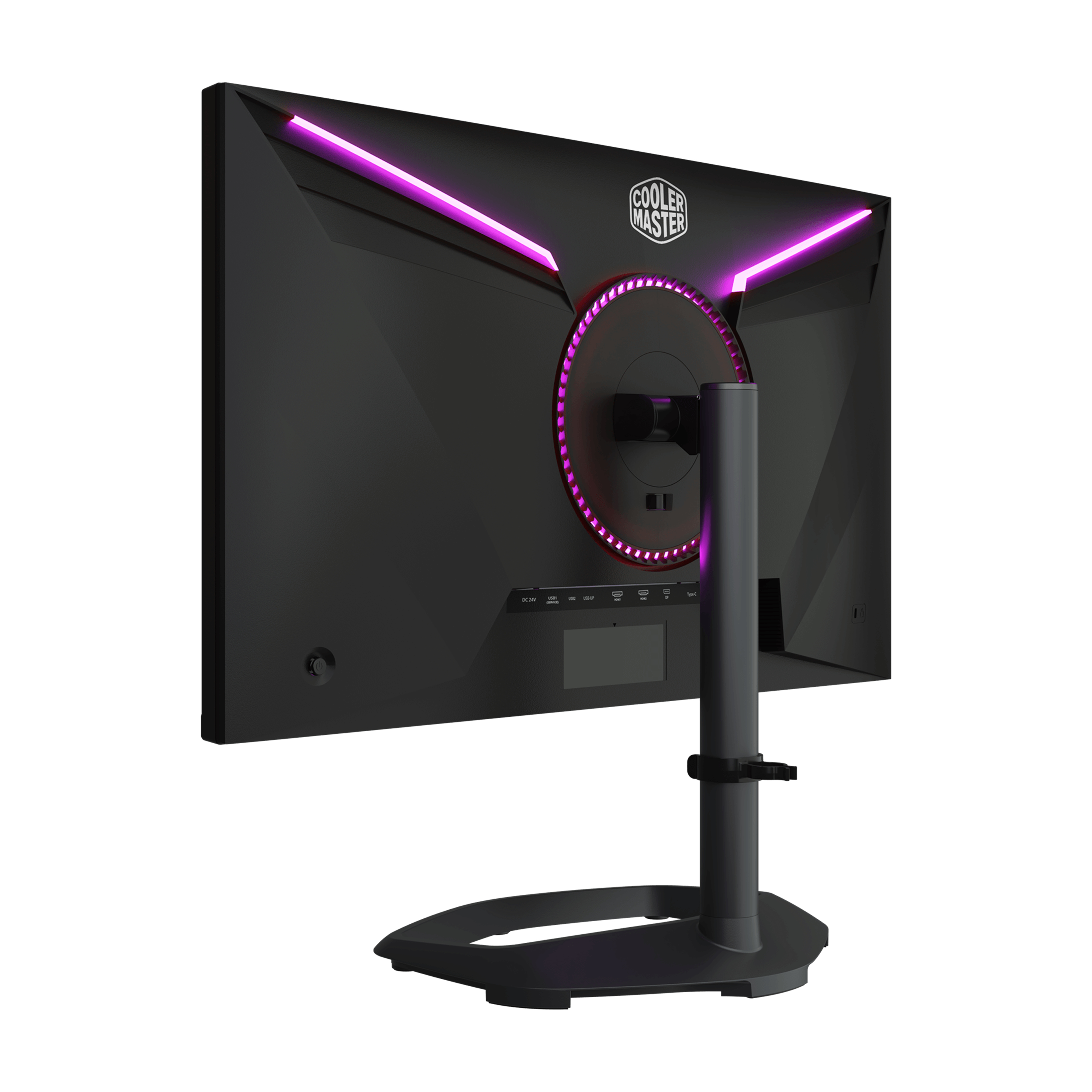 De achteraanzicht van een zwarte computermonitor met roze verlichting.