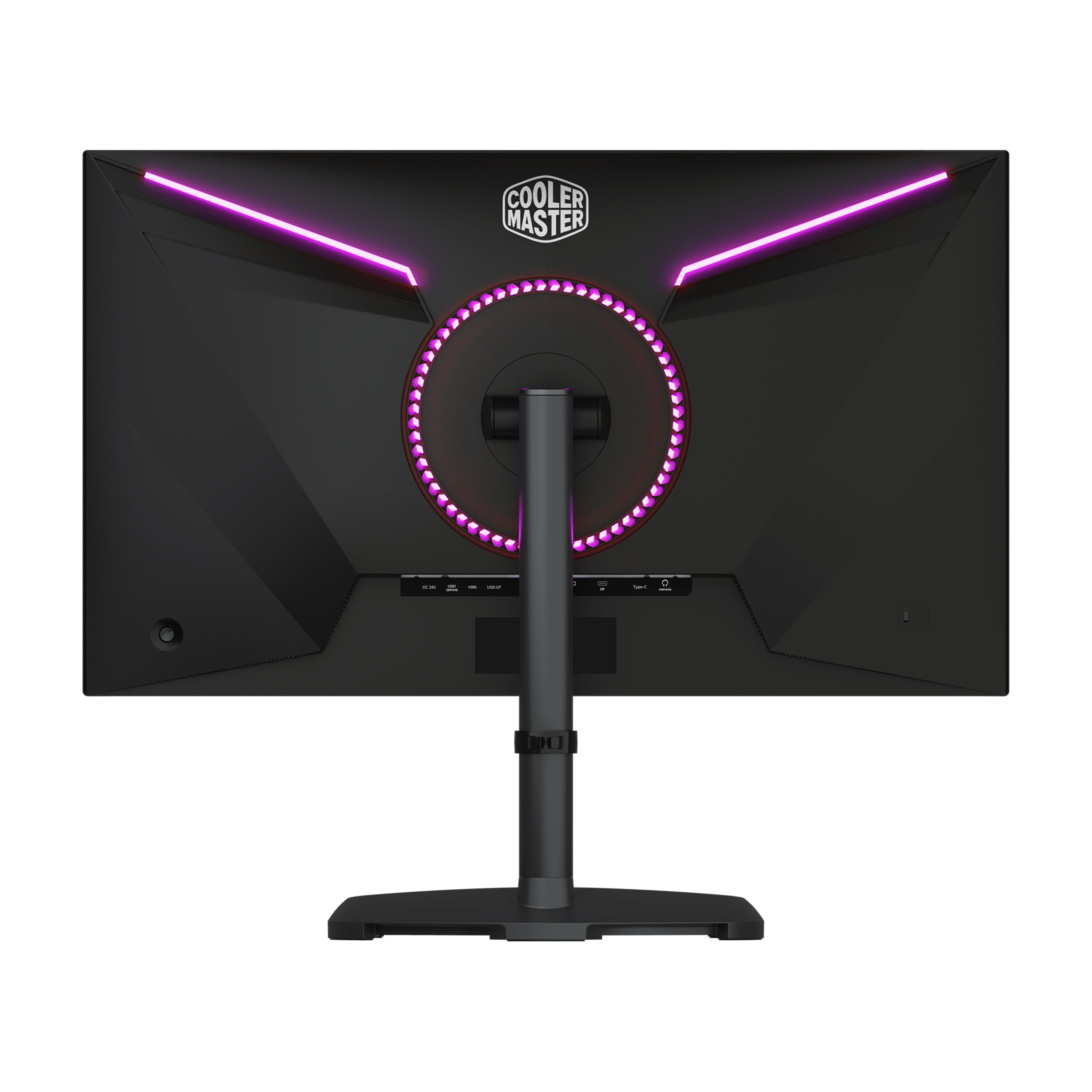 Zwarte monitor achterkant met paarse lichten, ring en logo's. Het staat op een zwarte standaard.