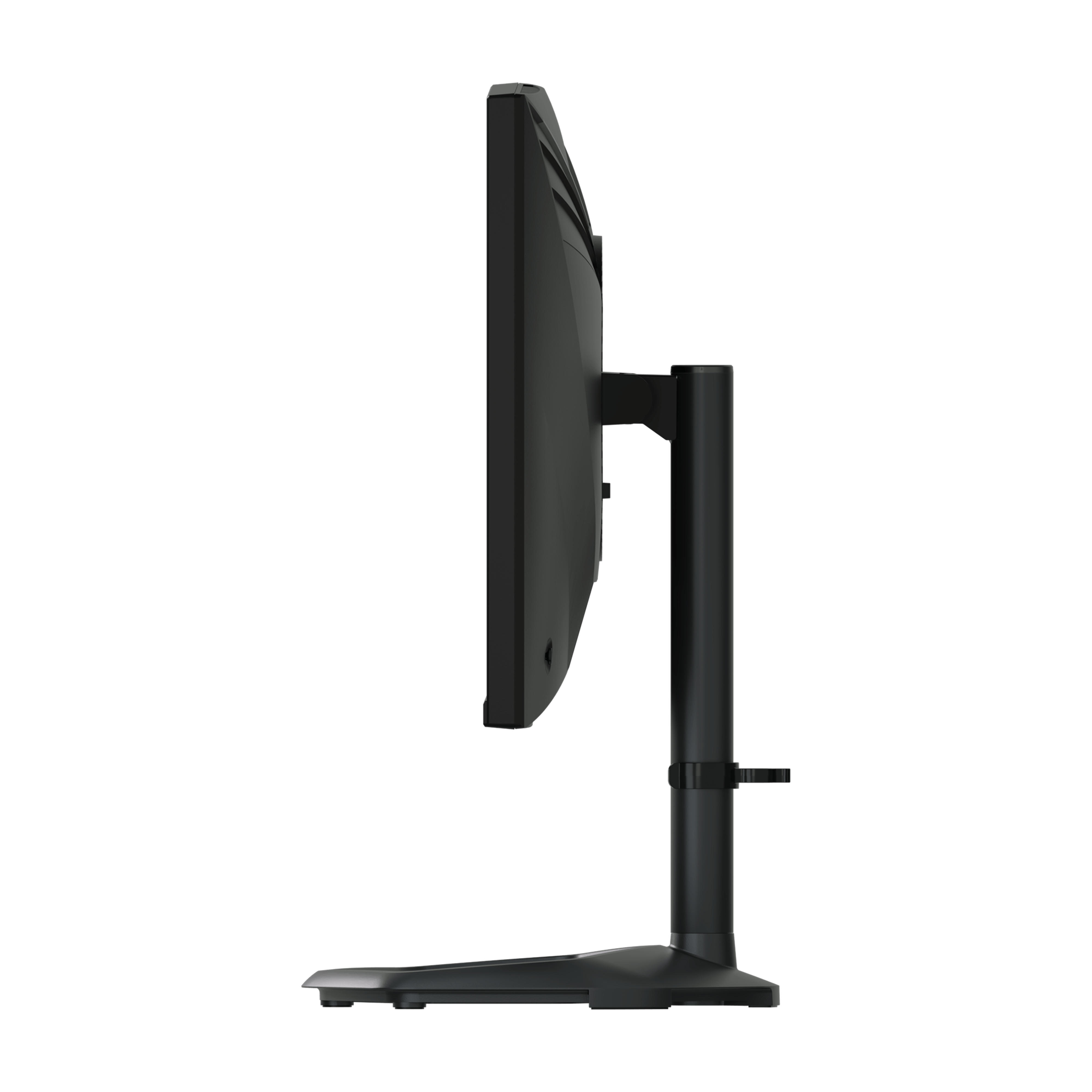 Een zijaanzicht van een zwarte computermonitor, met een standaard. Het scherm is uitgeschakeld.