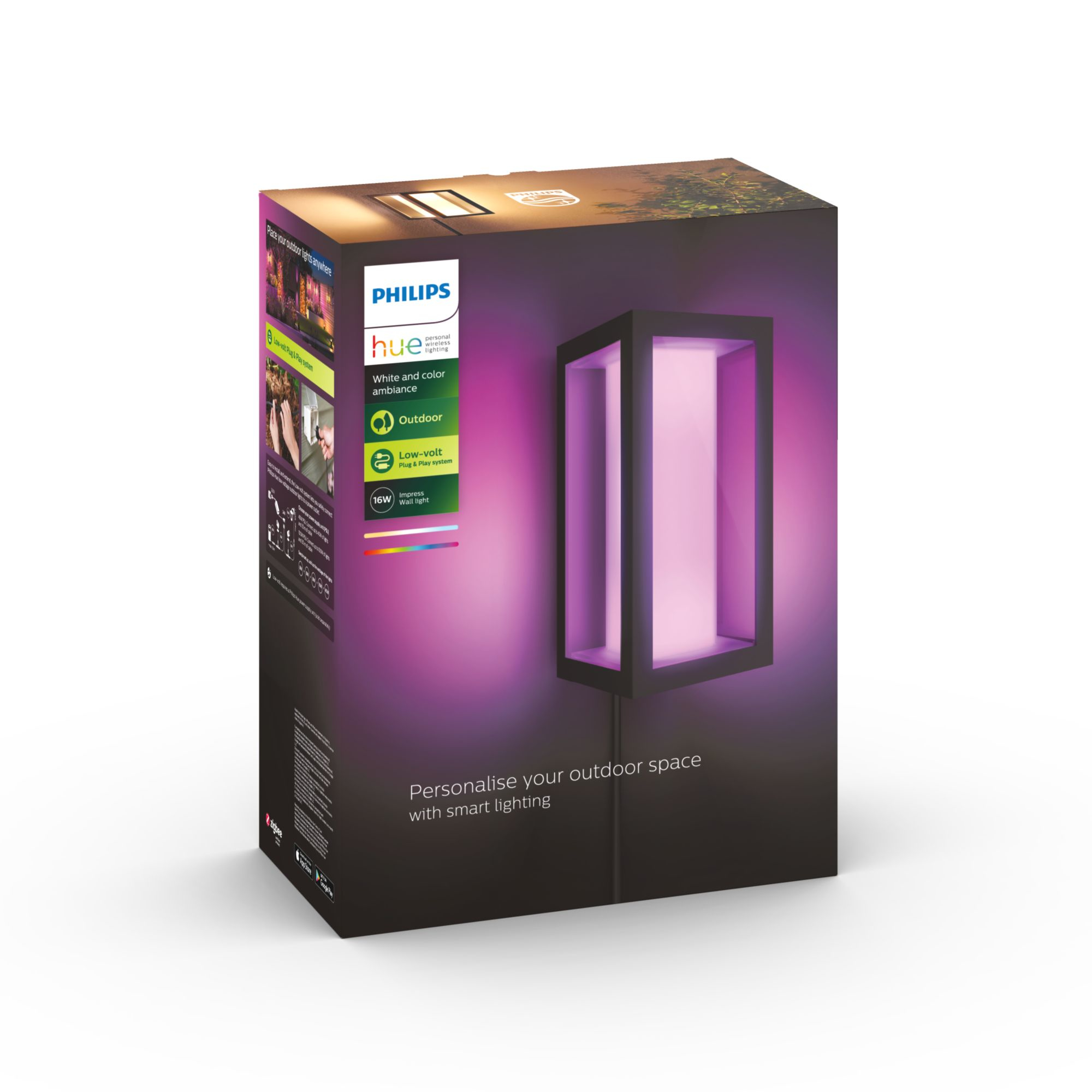Philips Hue Outdoor Smart-Beleuchtung Produktbox mit beleuchtetem Beispiel.