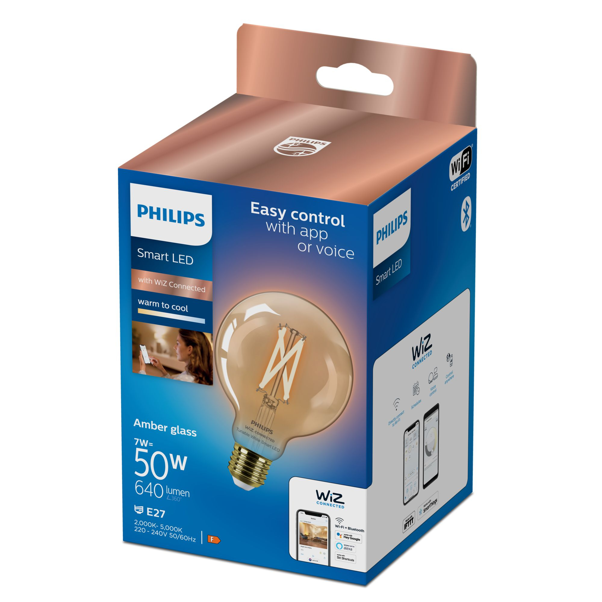 Schachtel der Philips Smart LED-Glühbirne mit der Aufschrift "Einfache Steuerung per App oder Sprache".