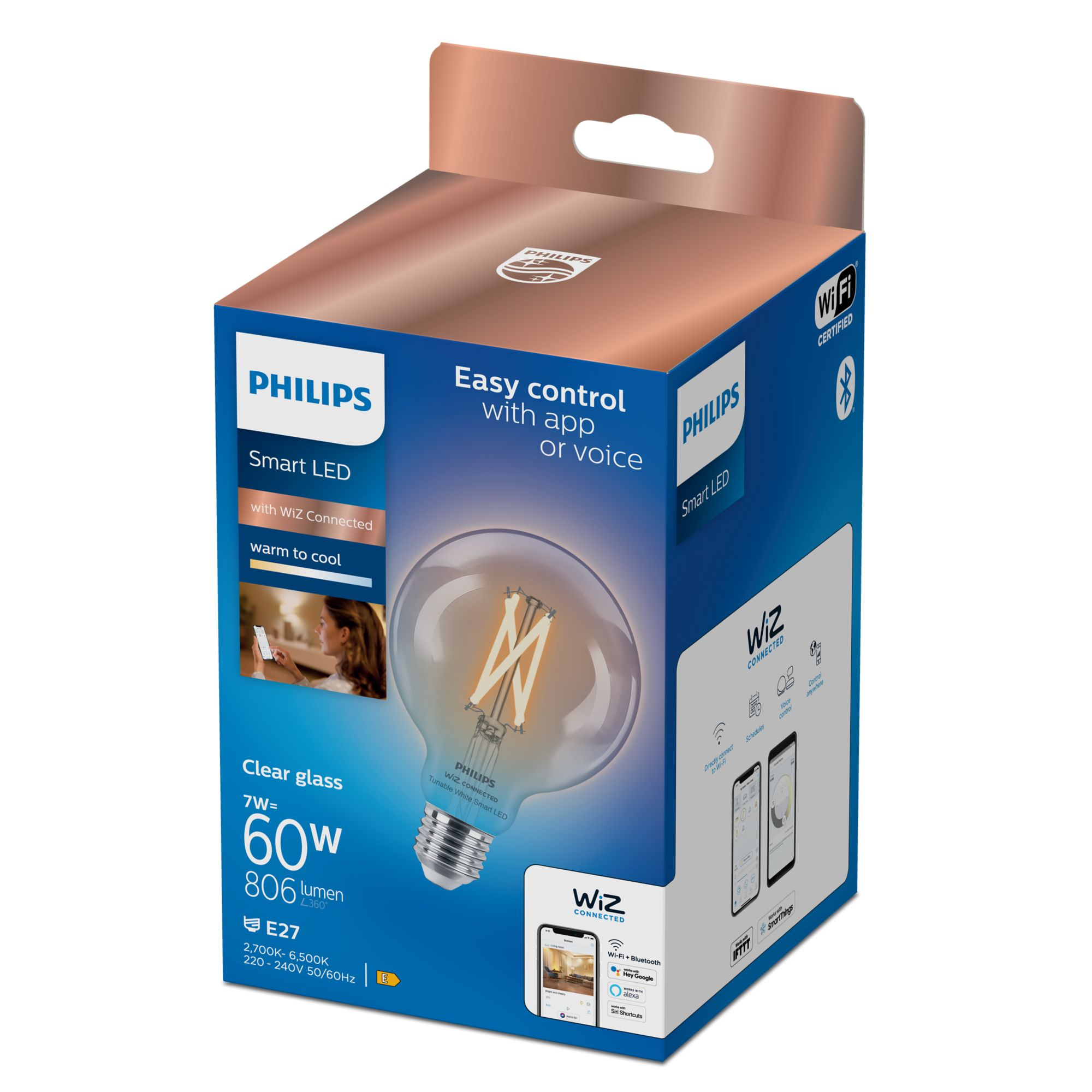Żarówka LED Philips Smart w pudełku. Pudełko ma ilustrację żarówki i funkcje.