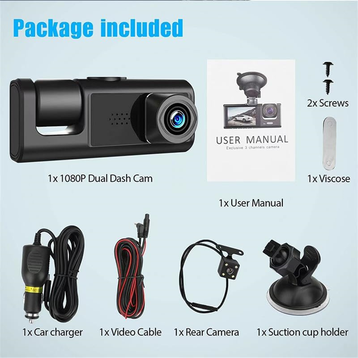 Eine Dual-Dashcam und Zubehör werden vor einem blau abgestuften Hintergrund gezeigt. Das Kit enthält eine Bedienungsanleitung.