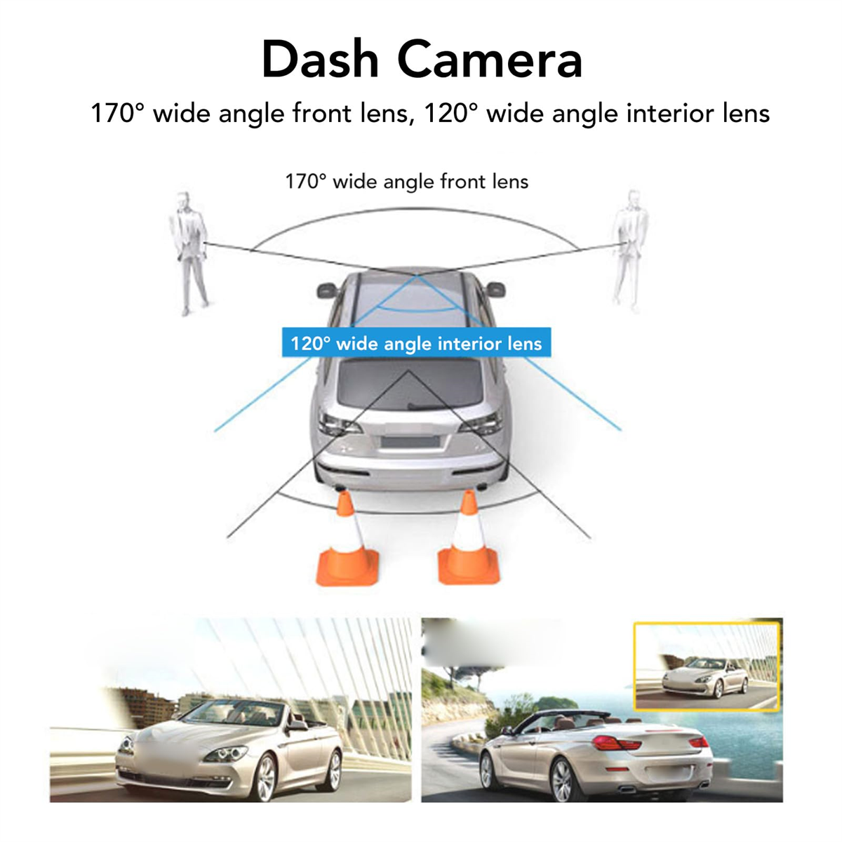 Diagramme zeigen Dashcam-Ansichten: 170° Frontlinse, 120° Innenraumlinse. Autofotos zeigen die installierte Kamera.