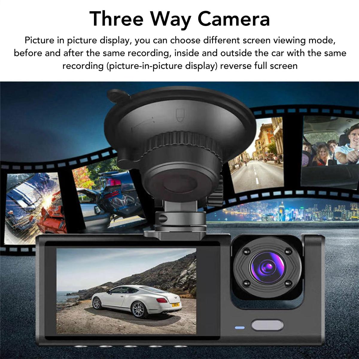Eine Auto-Dashcam, die mehrere Ansichten mit Text-Overlay anzeigt.