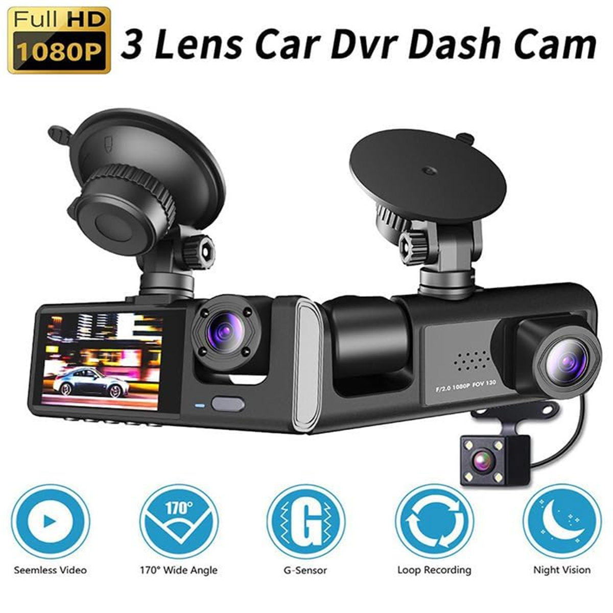 Auto-DVR-Dashcam mit drei Objektiven und verschiedenen Funktionssymbolen unten.