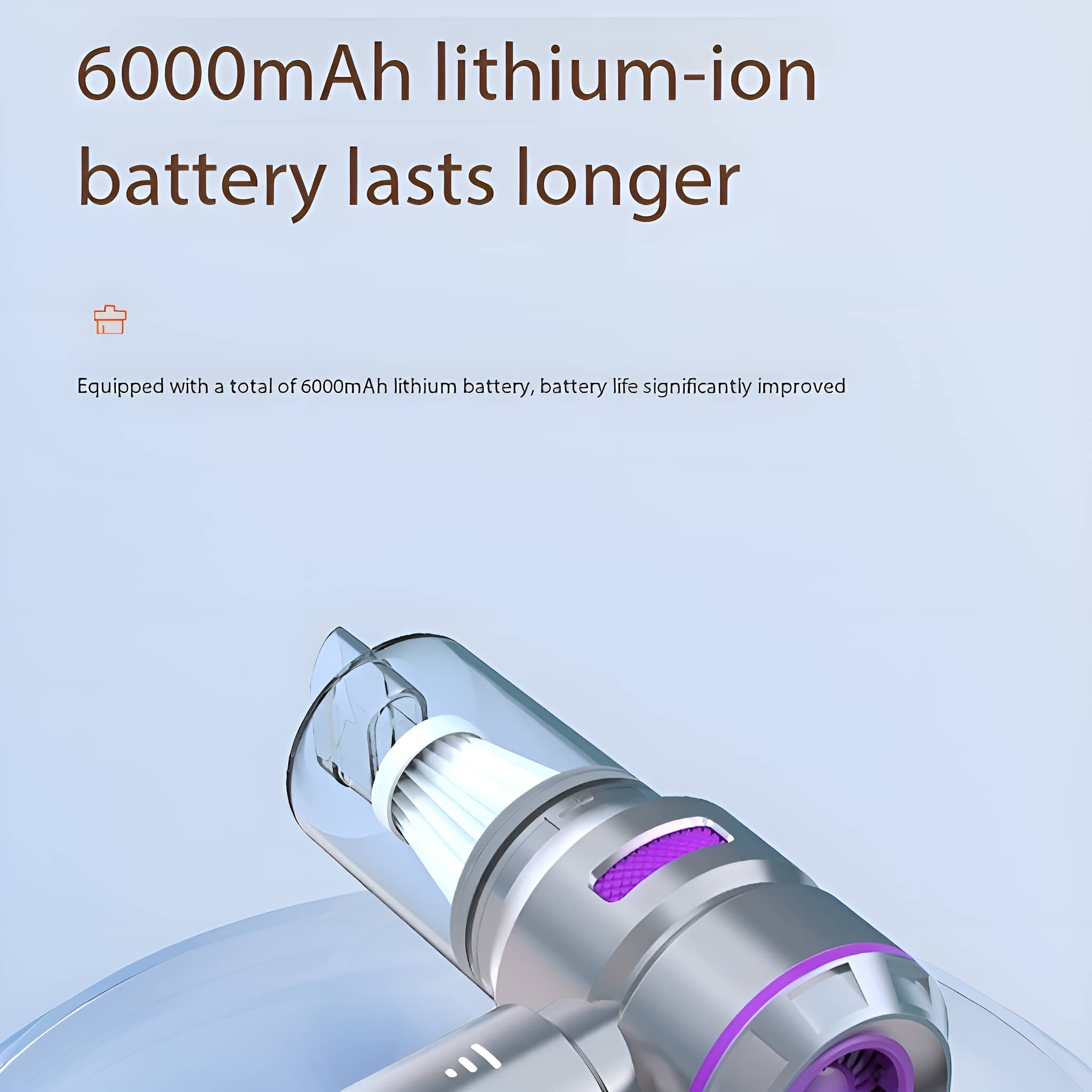 Staubsauger mit Text '6000mAh Lithium-Ionen-Akku hält länger' auf blauem Hintergrund.