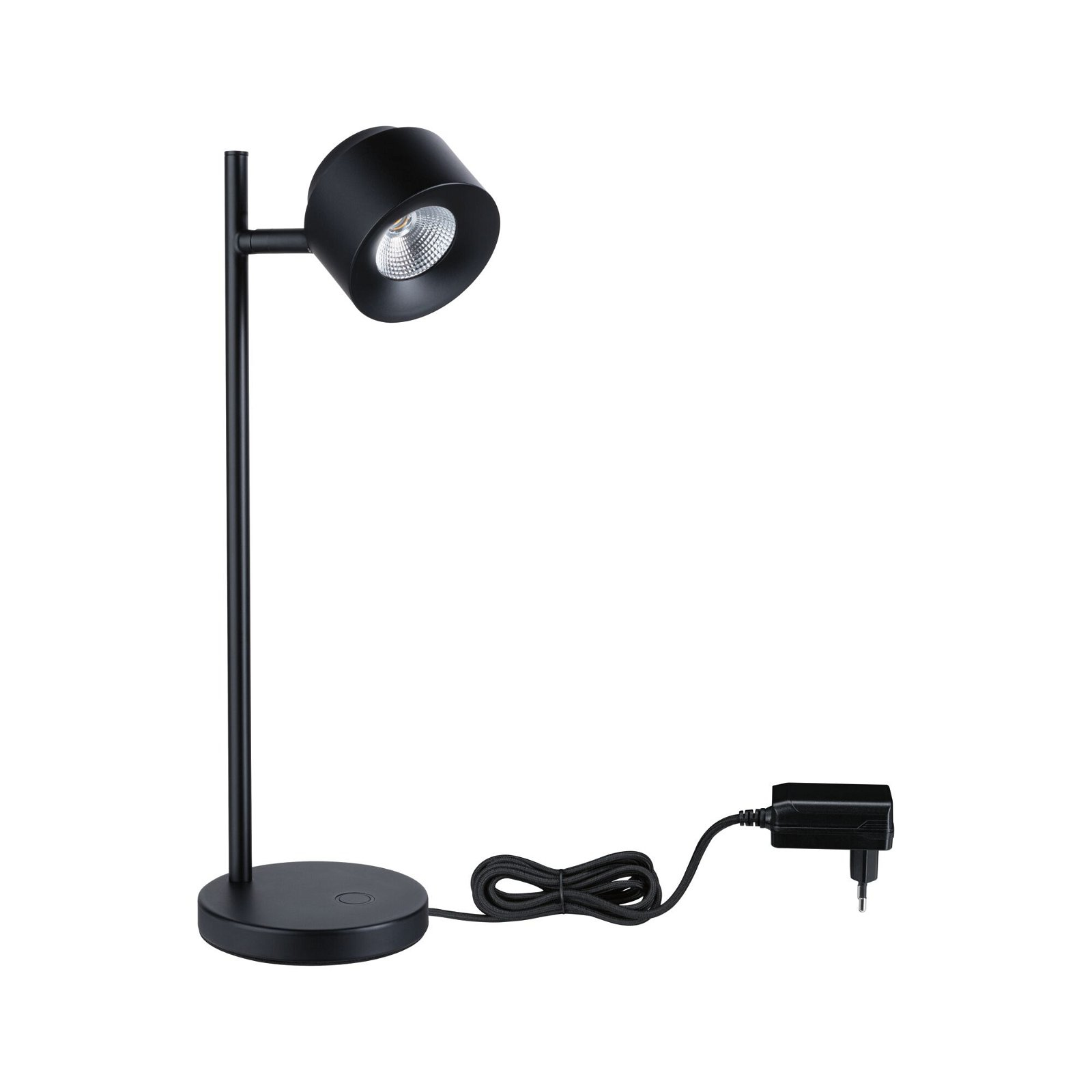 Czarna lampa z okrągłą podstawą i główką, z kablem zasilającym biegnącym w prawo.