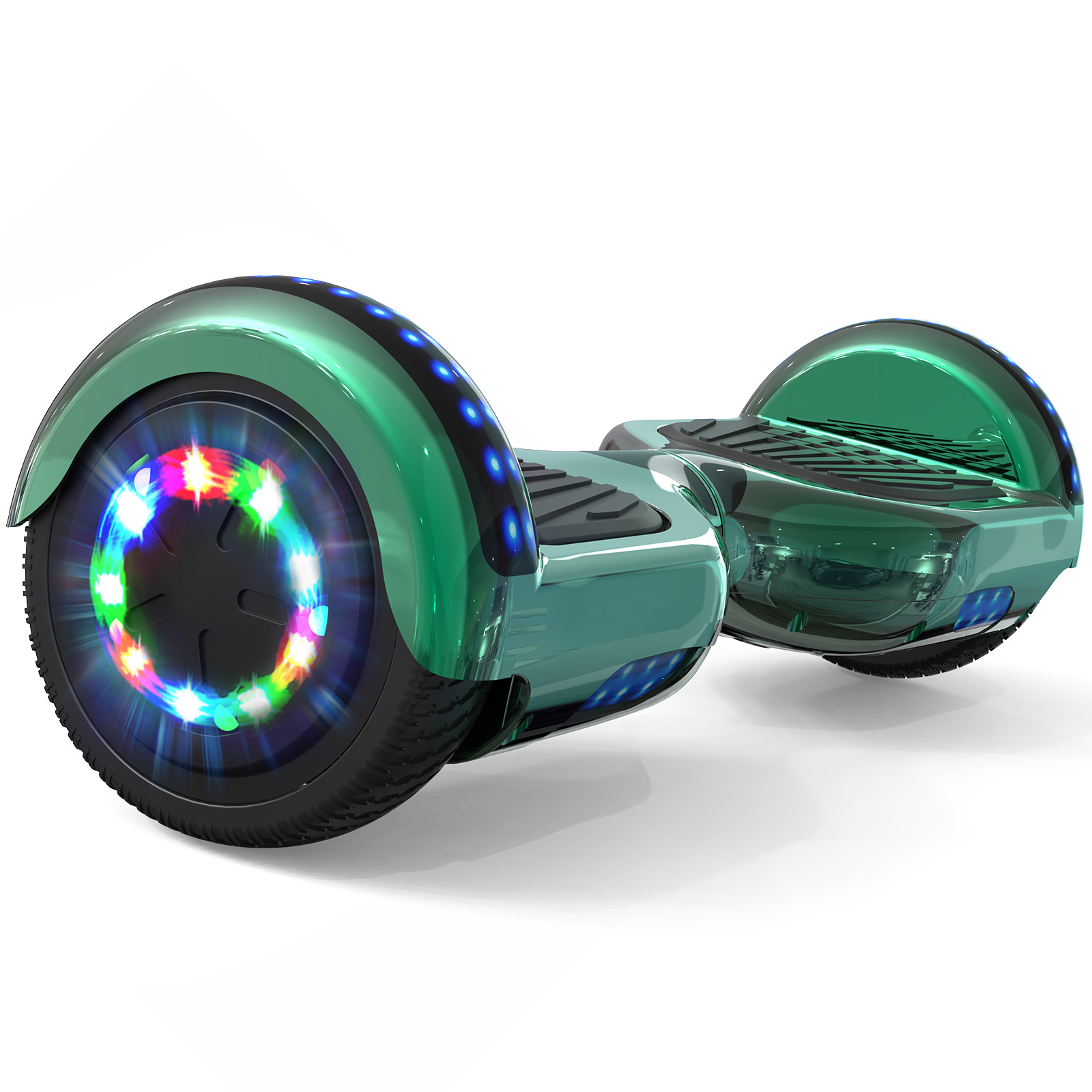 A green hoverboard with LED lights on the wheels and sides is on a white surface.