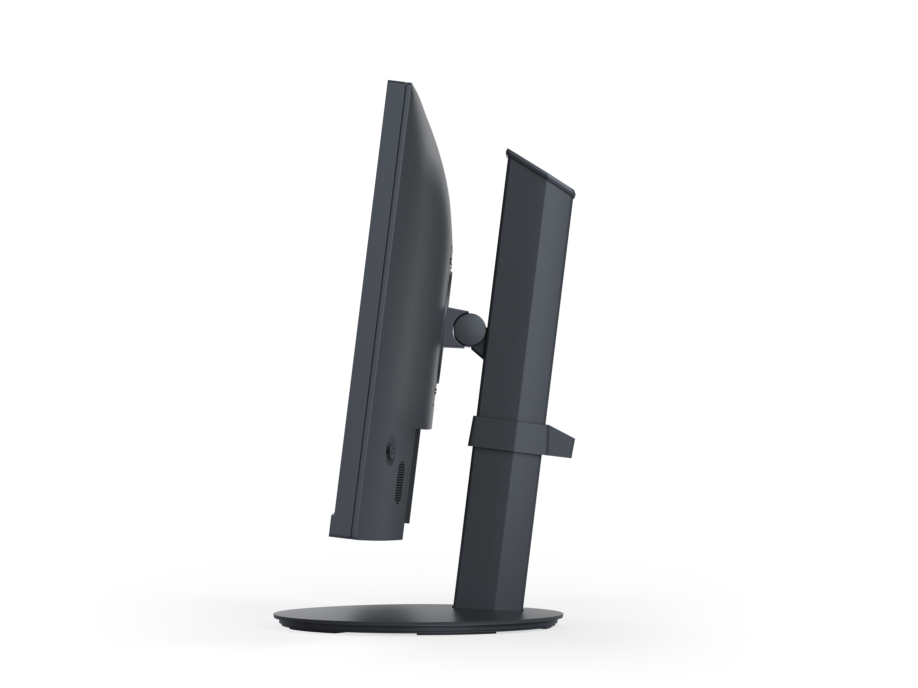 Vista laterale del monitor su superficie bianca, con supporto e porte.