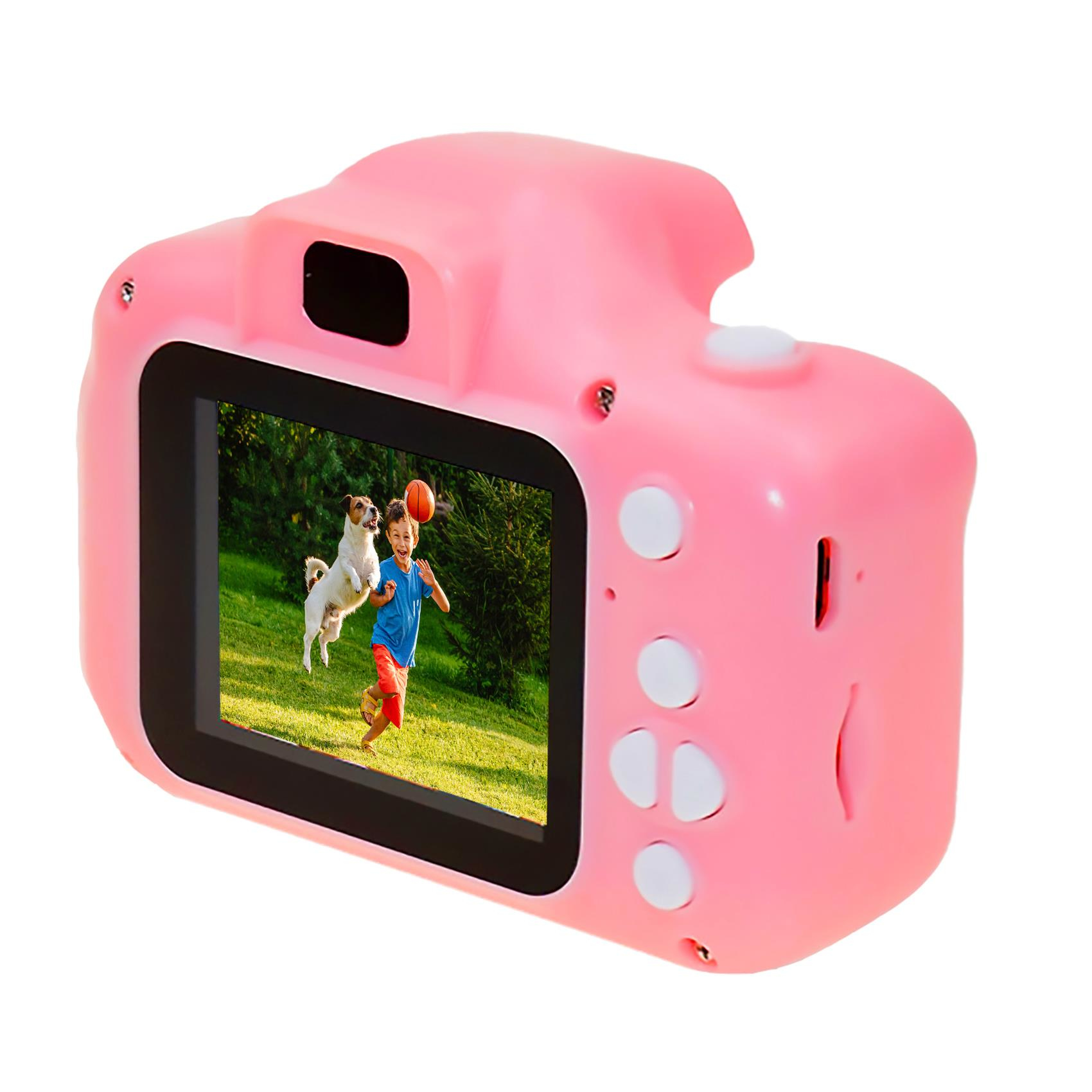 Cámara de juguete rosa. La pantalla muestra una foto de un niño y un perro en un campo.
