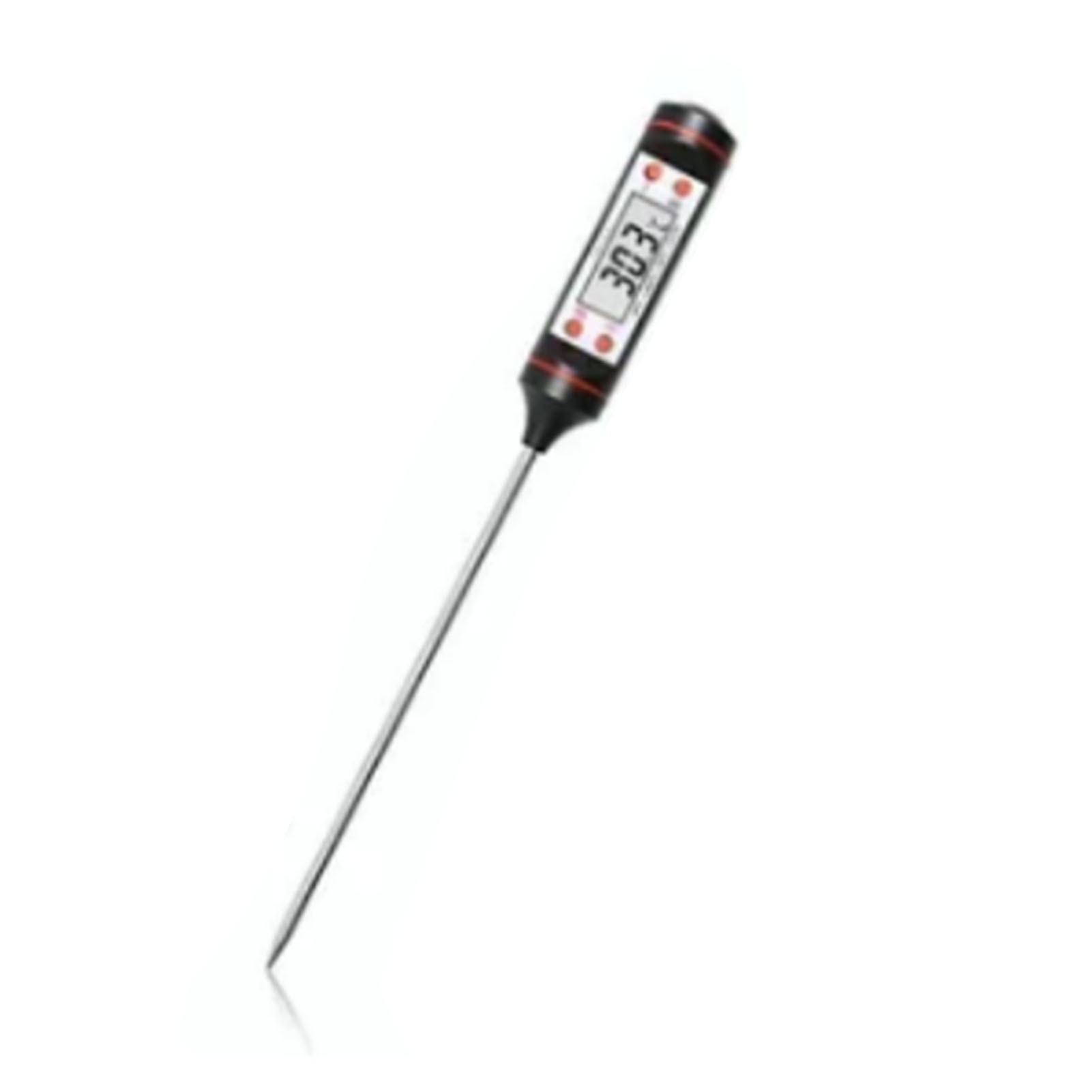 Ein digitales Lebensmitteltemperaturmessgerät mit langer silberner Sonde zeigt 30,3 Grad an.