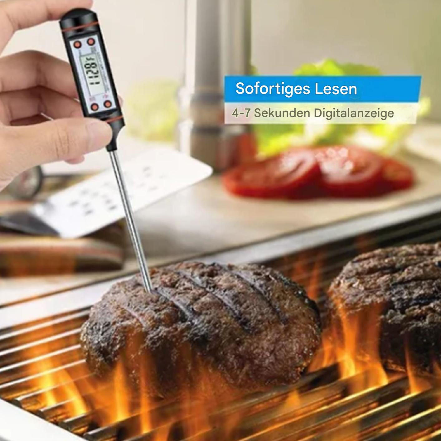 Thermometer in einem gekochten Burger. Text: Sofortiges Lesen, 4-7 Sekunden Digitalanzeige.