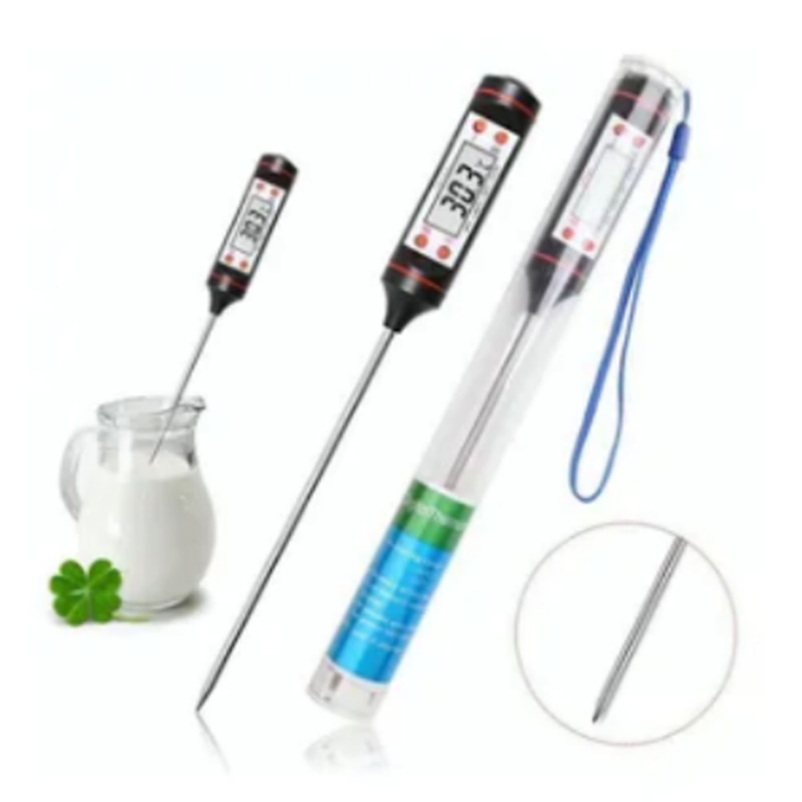 Drei Thermometer, eines in Milch und eines in seinem Gehäuse. Alles auf weißem Grund.