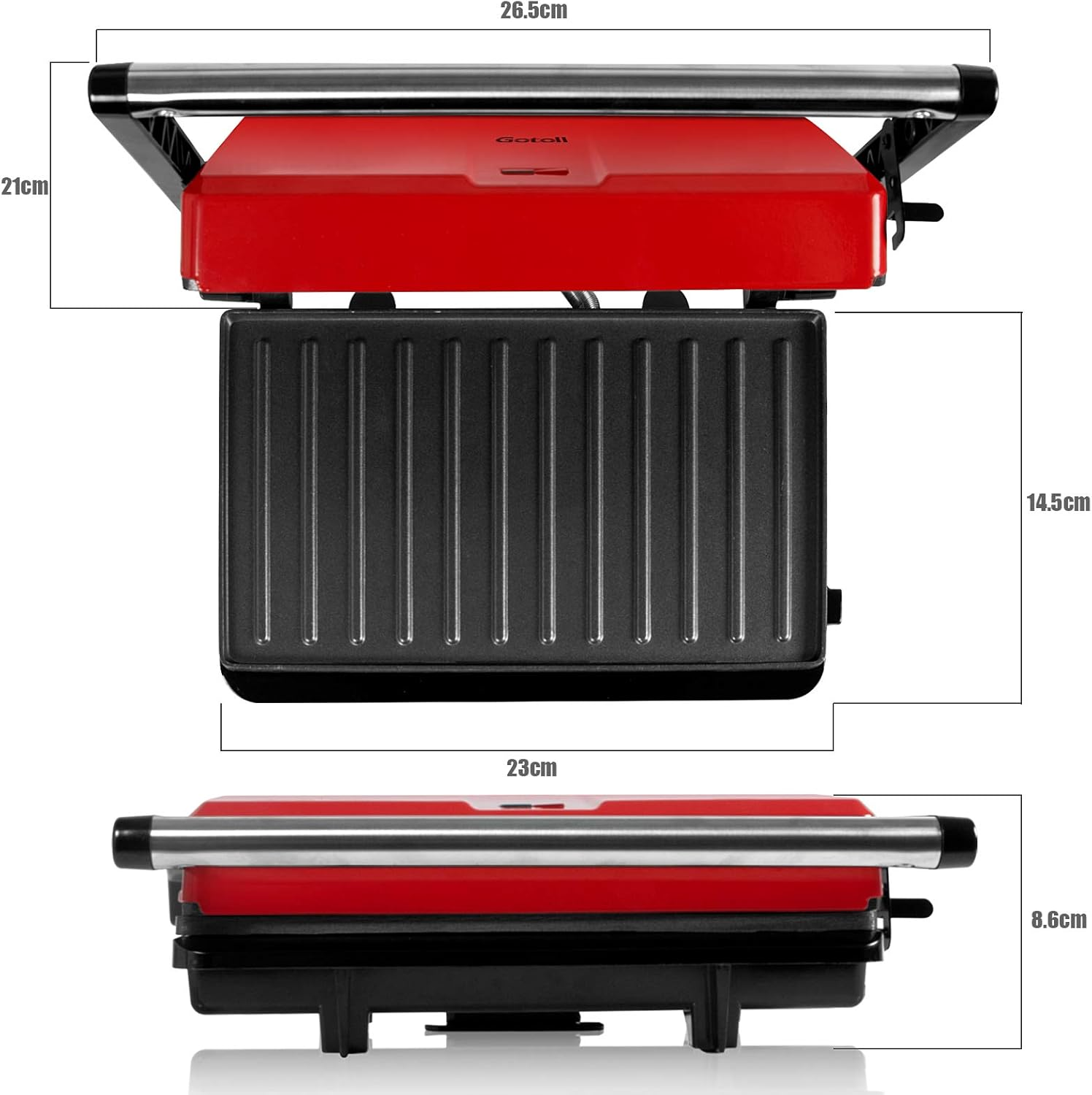 Ein rot-schwarzer Elektrogrill, der Abmessungen und Details der Oberfläche und des Griffs zeigt.