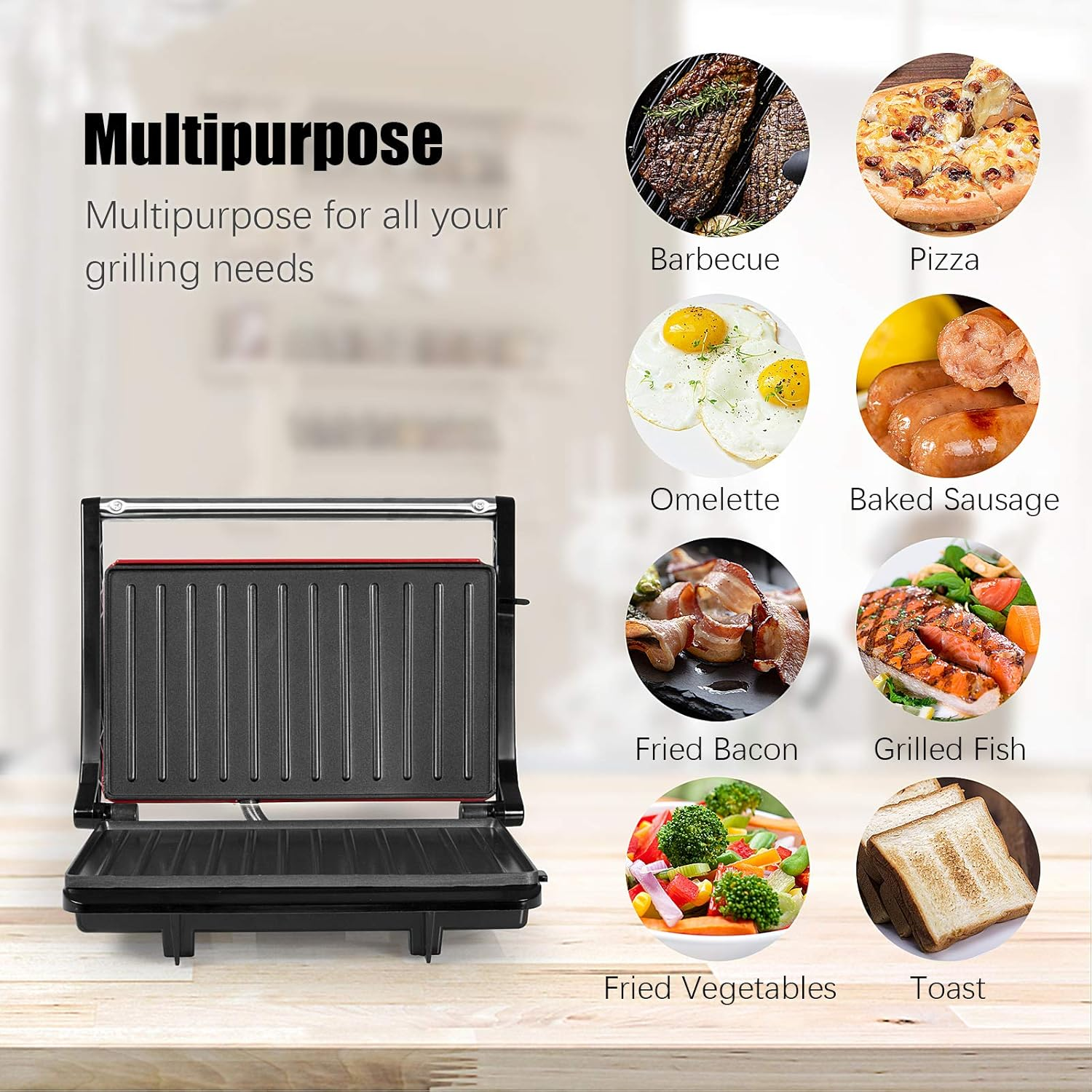 Mehrzweckgrill mit Lebensmittel-Illustrationen.