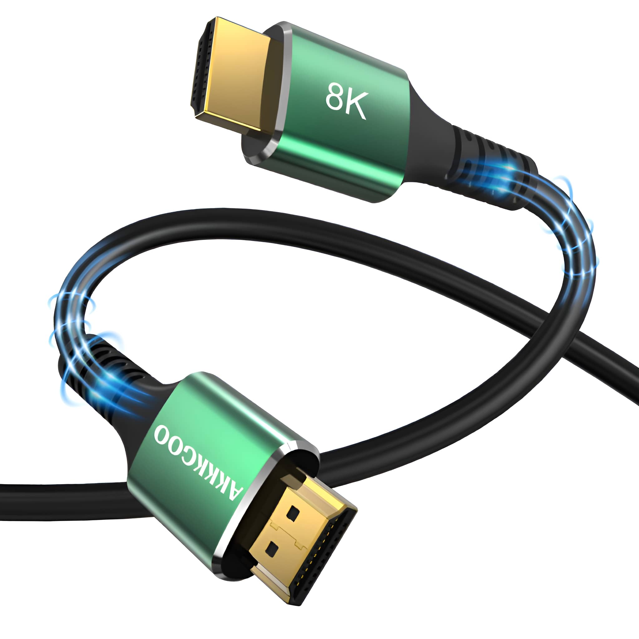 Ein 8K-HDMI-Kabel mit grünen Steckern, schwarzem Kabel und dem Text '8K' und 'AKKGO'.