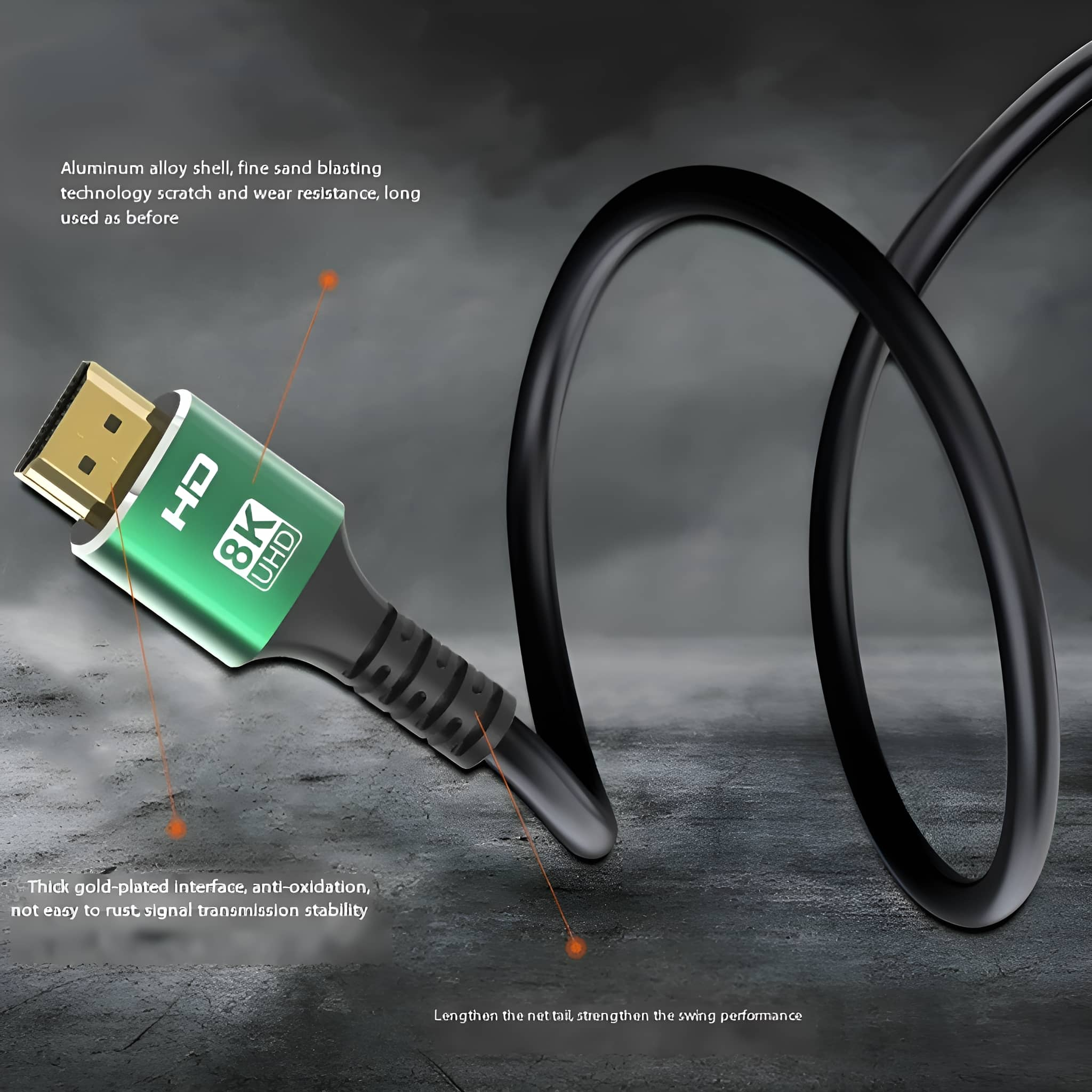 Ein HDMI-Kabel mit grünem Stecker wird angezeigt. Das Kabel ist schwarz und gebogen.